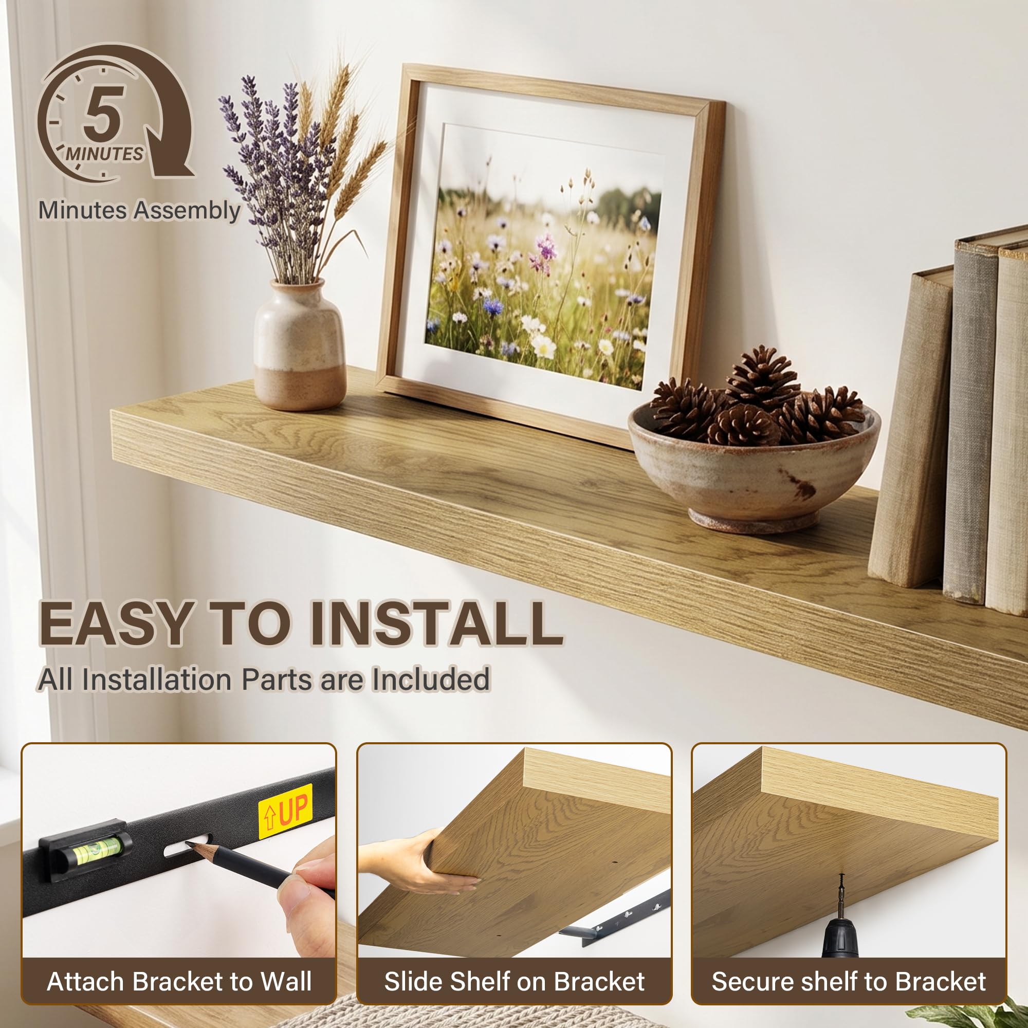 Acovy 25 cm extra Tiefe Wandregale, 100 cm langes Holz Schweberegal, Wandboard für Wohnzimmer, Bad, Schlafzimmer, Küche, Eiche, 2er-Set