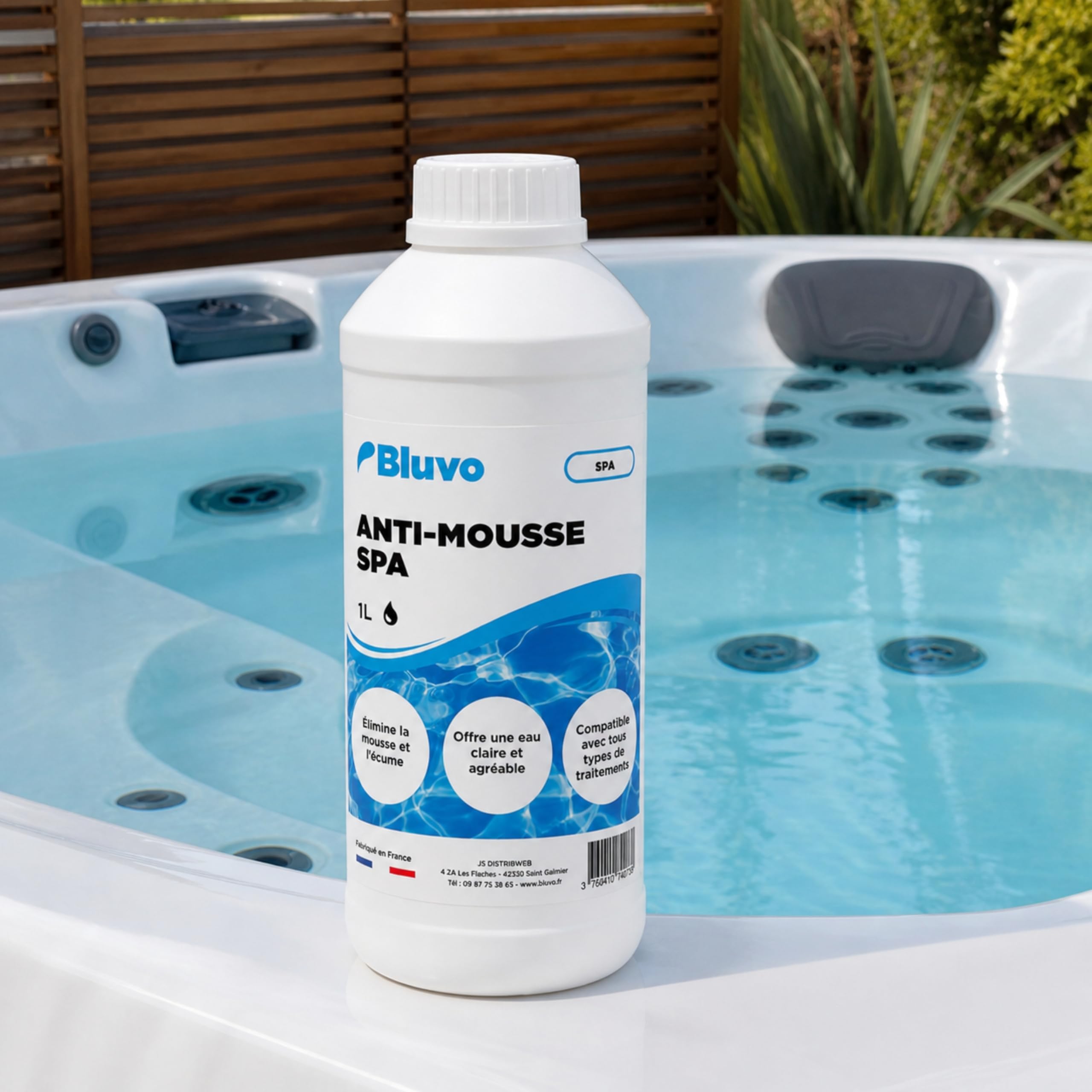 Bluvo Anti Mousse et Écume pour Spa – Élimination Rapide | Produit d’Entretien 1L | Fabriqué en France