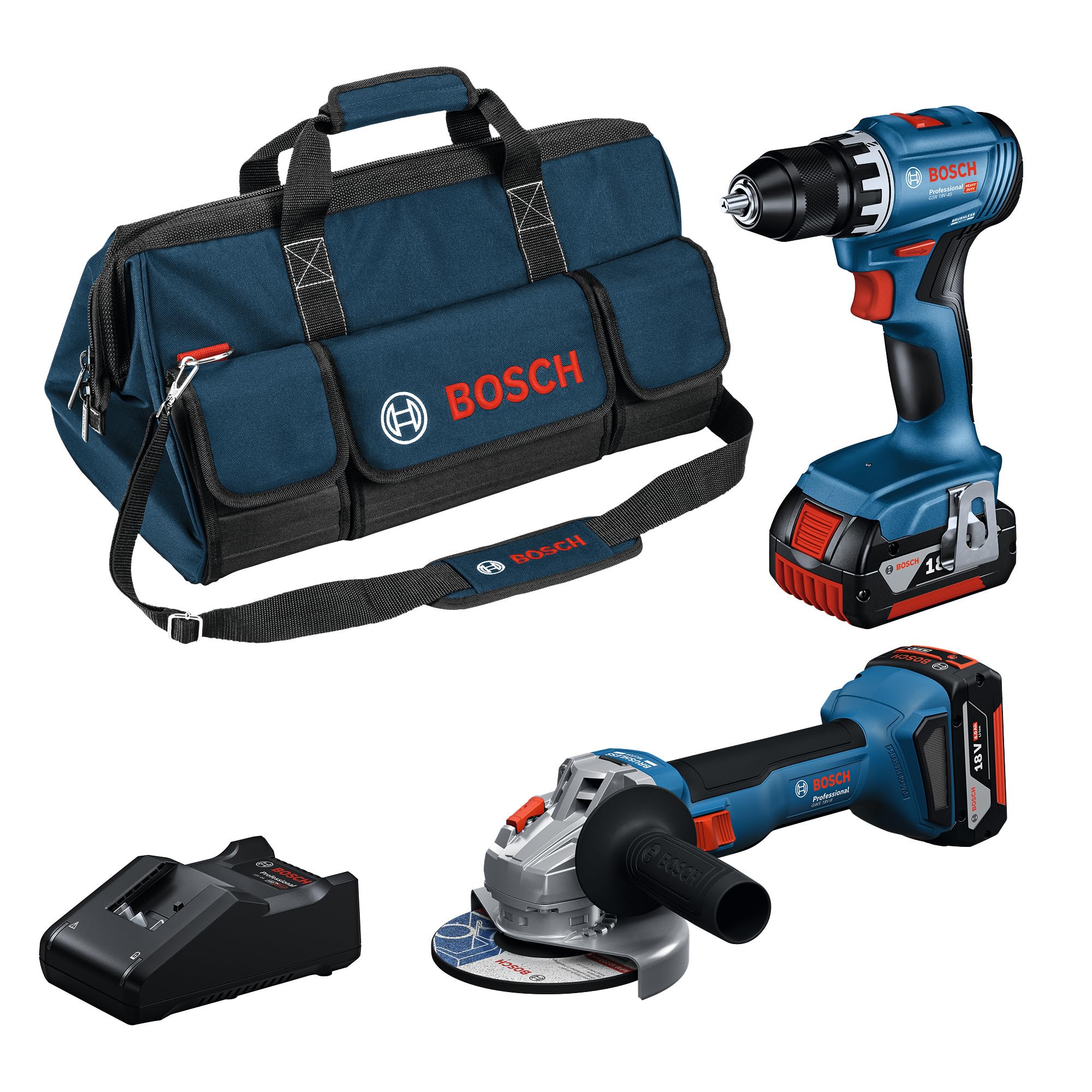 Bosch Professional GSR 18V-45 Akülü Vidalama & GWS 18V-8 Akülü Taşlama & 2 x GBA 18V 4.0Ah Akü & GAL 18V-40 Şarj Cihazı & M-BAG, Karton Kutuda