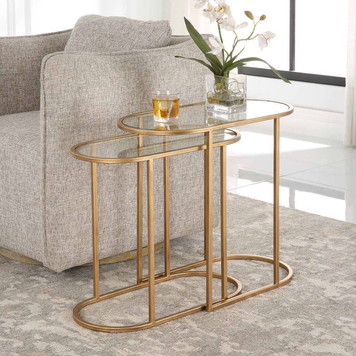 Henrietta Nesting Tables Set of 2 | Antique Brushed Brass Iron Frames with Clear Tempered Glass Tops | Elegant Side Tables for Living Room | Model UTW23018