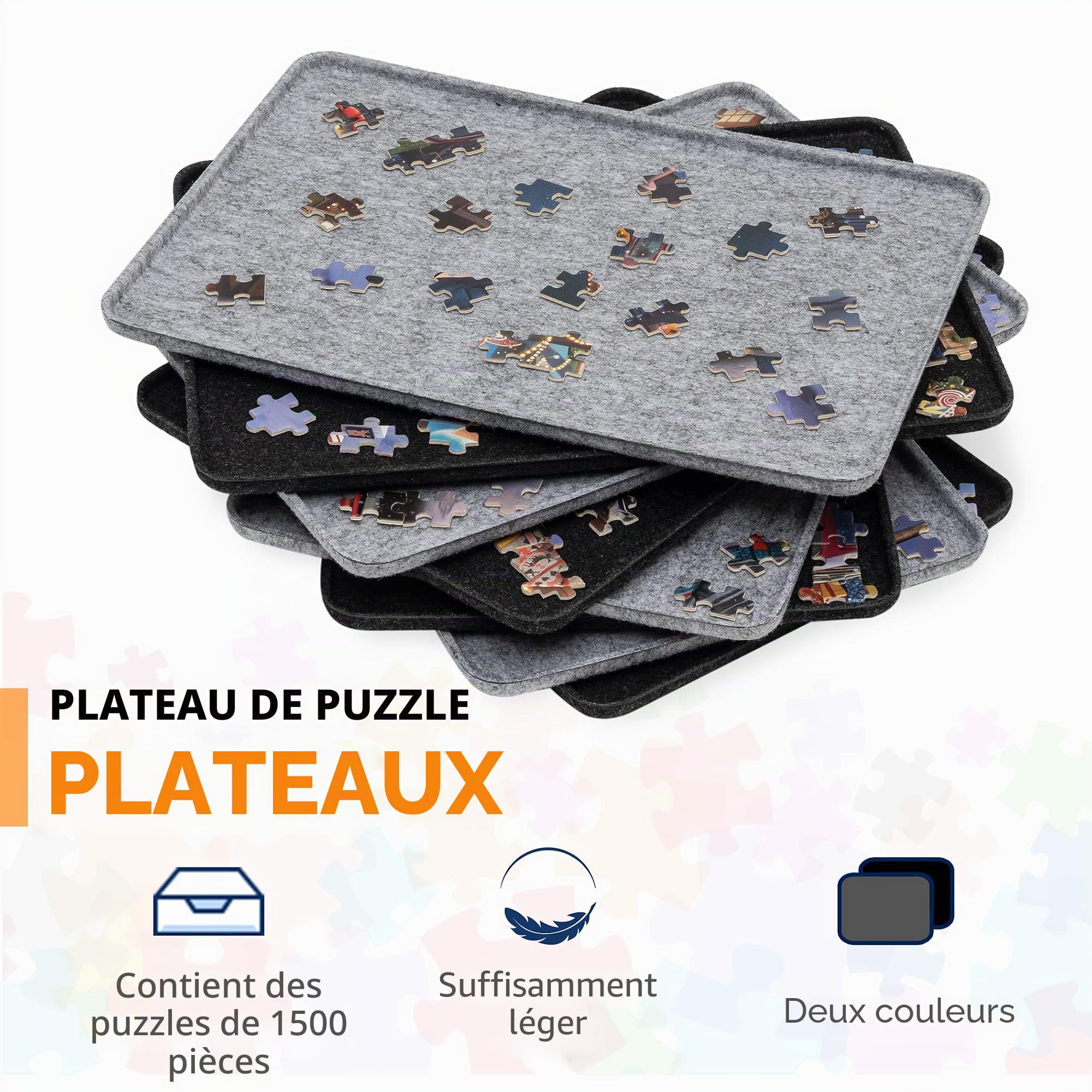 Lavievert Planche de Puzzle Portable avec Housse et 8 Plateaux de Tri - Support de Rangement en Feutre pour Adultes, Jusqu'à 1500 Pièces (Gris)