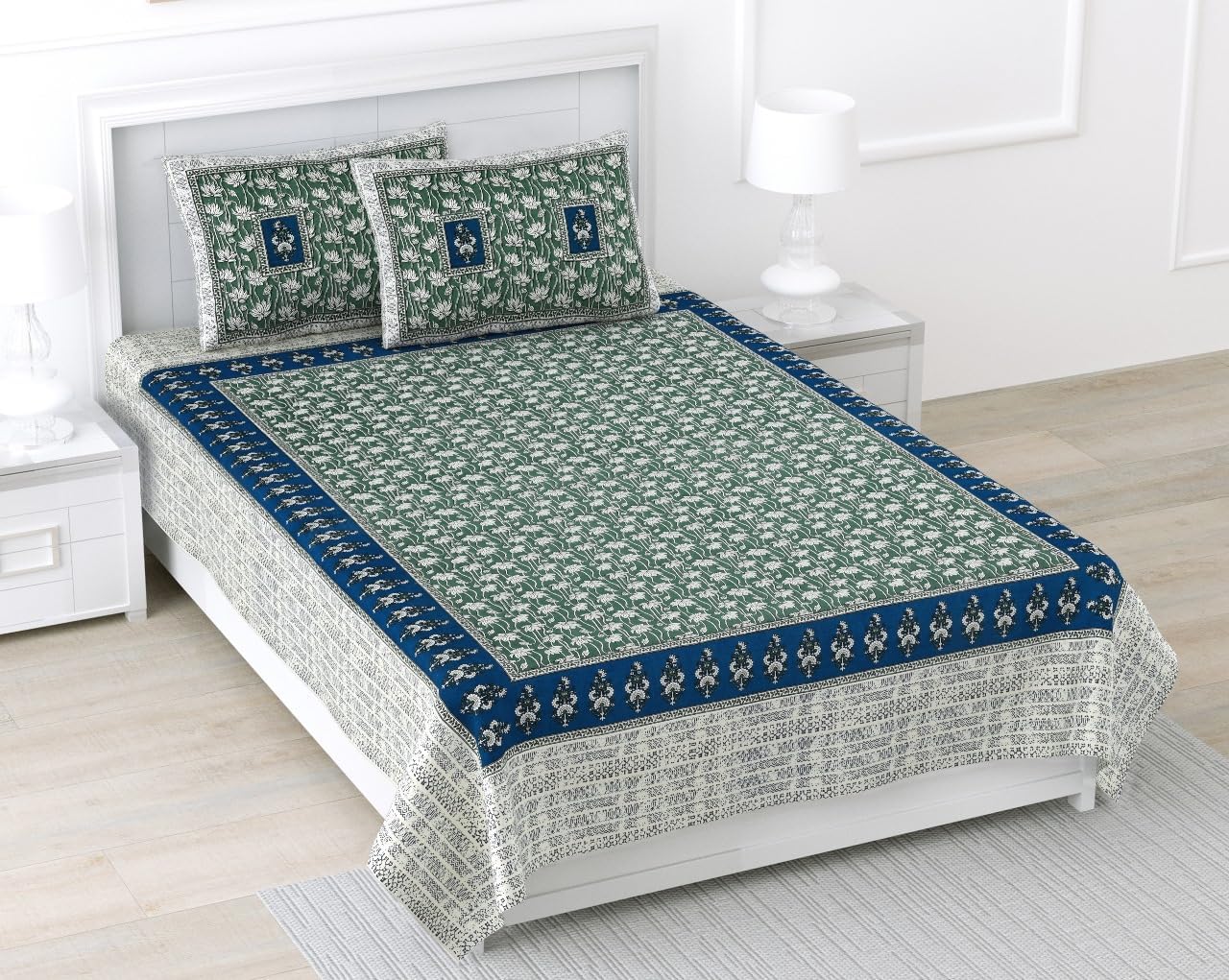 Pure Cotton Single Bed Bedsheet with 2 Pillow Covers | Jaipuri Print Diwan Bedsheet | Soft & Breathable | 70 x 100 Inches (Sage Green)-image-18