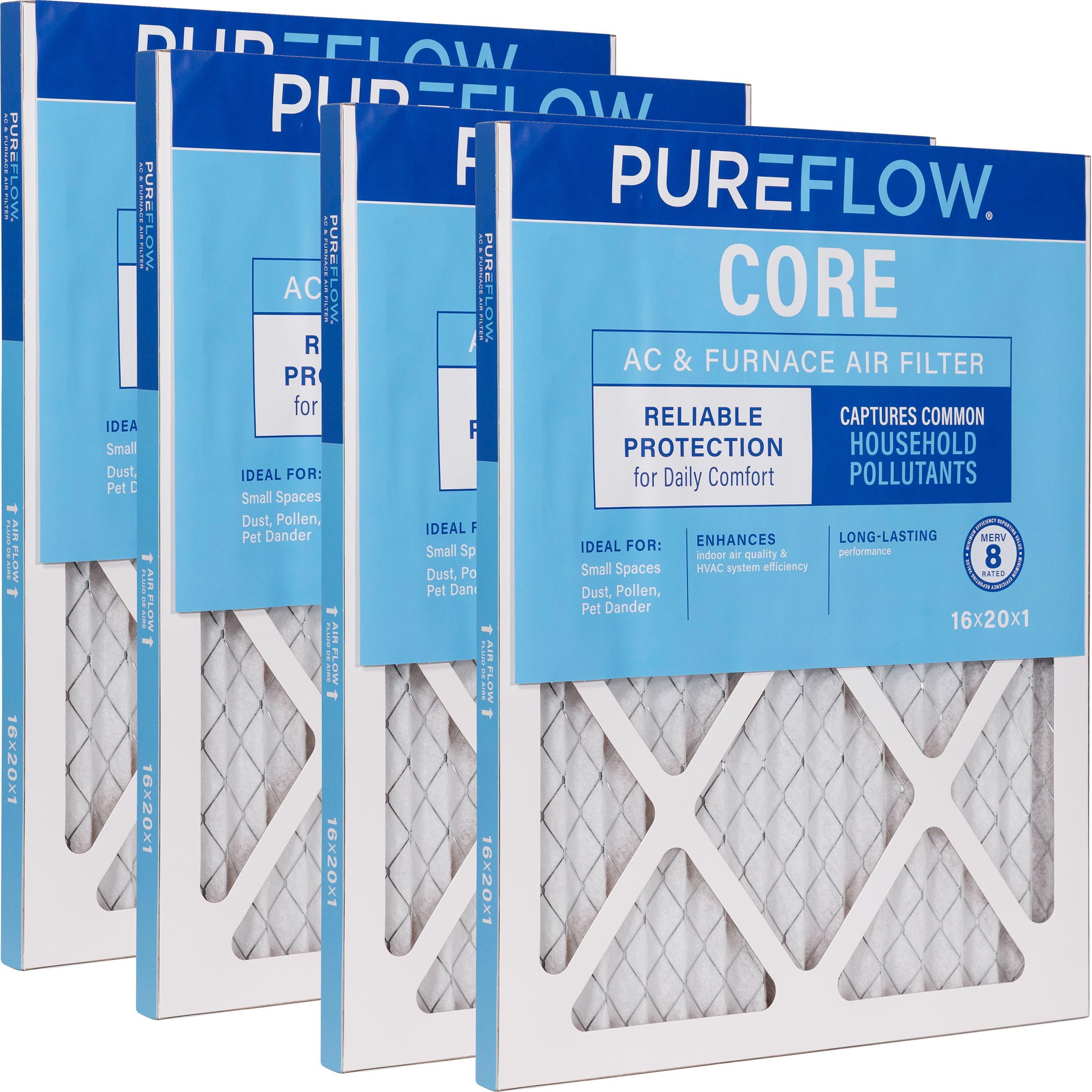 PUREFLOW Home Air Filter MERV 8, 16x20x1 Furnace Filter, 4 Layer High Efficiency Filtration for Dust, Smoke, Fumes, Pollutants (4-Pack)