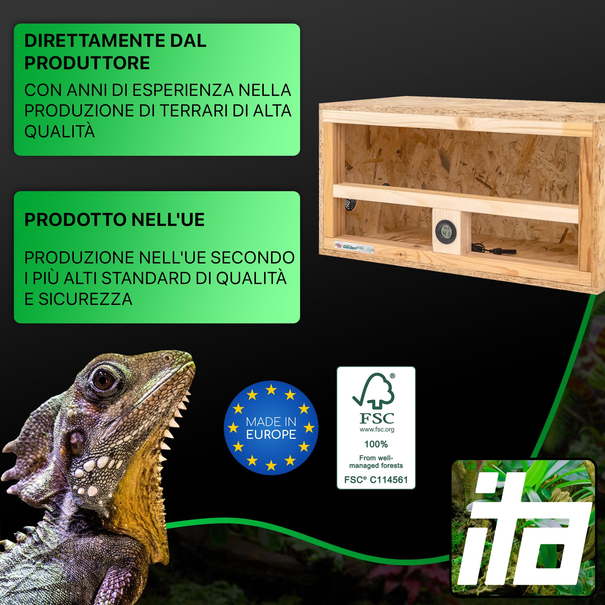 ITA Mini terrario 60x30x30 cm con ventilazione laterale e igrometro integrato - Terrario in legno OSB-3 - Per rettili, serpenti, anfibi - Prodotto UE, certificato FSC