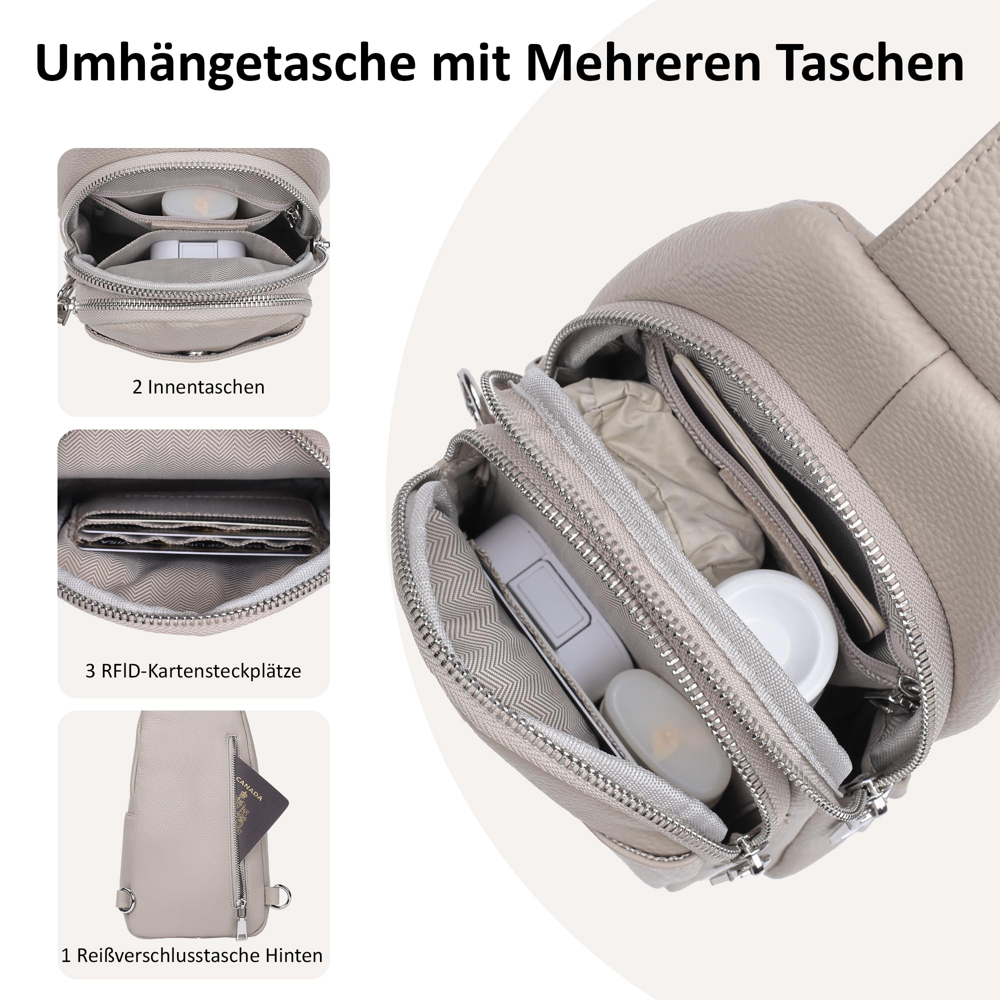 befen Echtleder Brusttasche Damen Klein, Leder Sling Bag Diebstahlsicher | Crossbody Bag Damen RFID-Blockierung Schulterrucksack Vielseitige Umhängetasche für Reisen Sport Arbeiten Einkaufen