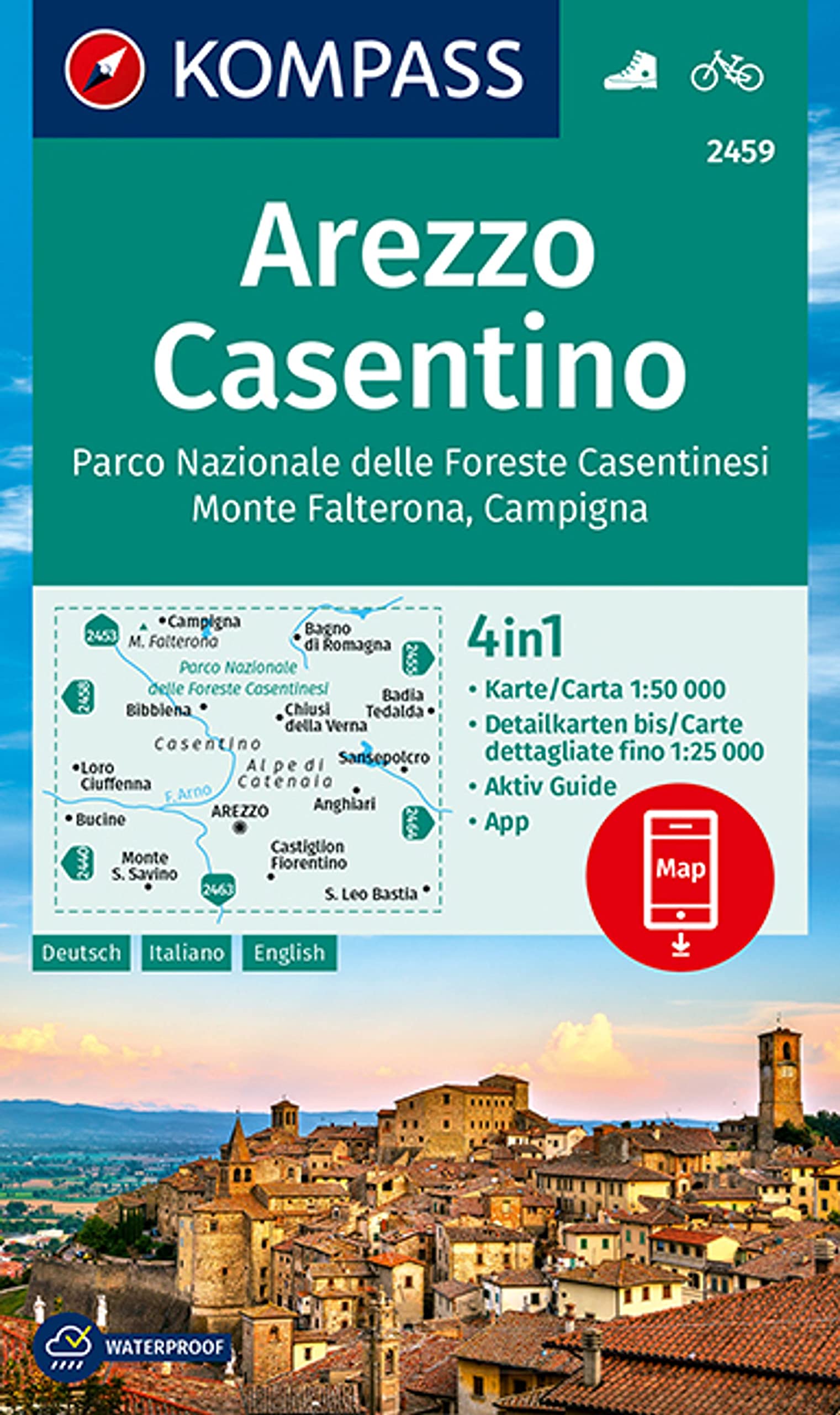 Carta escursionistica n. 2459. Arezzo, Casentino 1:50.000 (waterproof): 4in1 Wanderkarte mit Aktiv Guide und Detailkarten inklusive Karte zur offline Verwendung in der KOMPASS-App. Fahrradfahren.