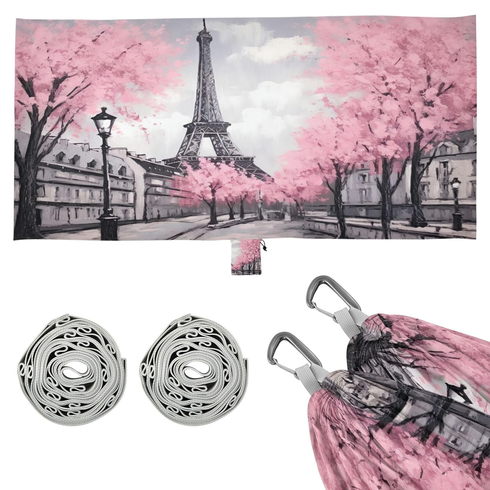 Haskirky Paris Eiffel Tower Camping Hammock, Single Portable Hammocks with Tree Straps & Attached Carry Bag, 330Lbs Capacity Perfect for Outside Indoor Hiking Beach Backpack Travel