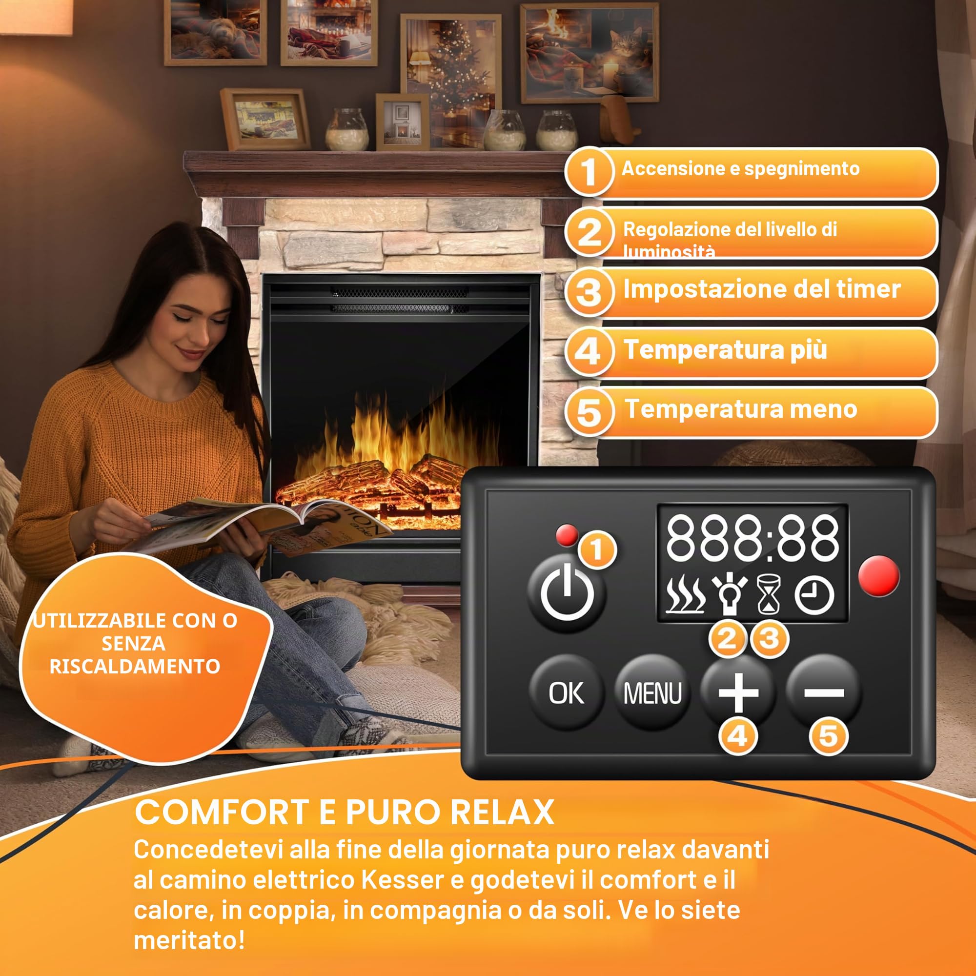 KESSER® Caminetto elettrico Casminetto da appoggio - Caminetto con effetto fiamma LED 3D, con funzione di riscaldamento, caminetto con potenza 1800W, (Natur/Braun)