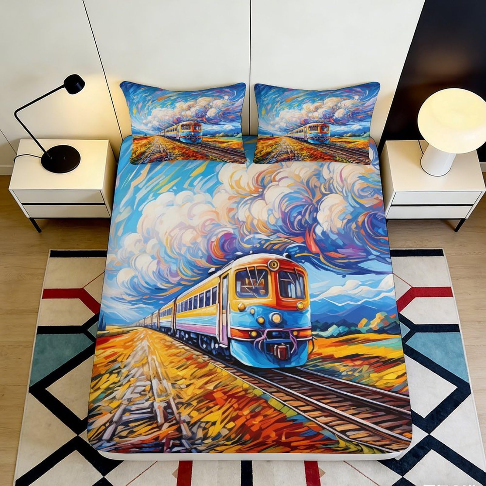 3D Printed Colorful Train Fitted Sheet Microfiber Soft Breathable Scenic Landscape Mattress Cover for Bedroom Dormitory Guest Room Protection Decor 180x200x25cm