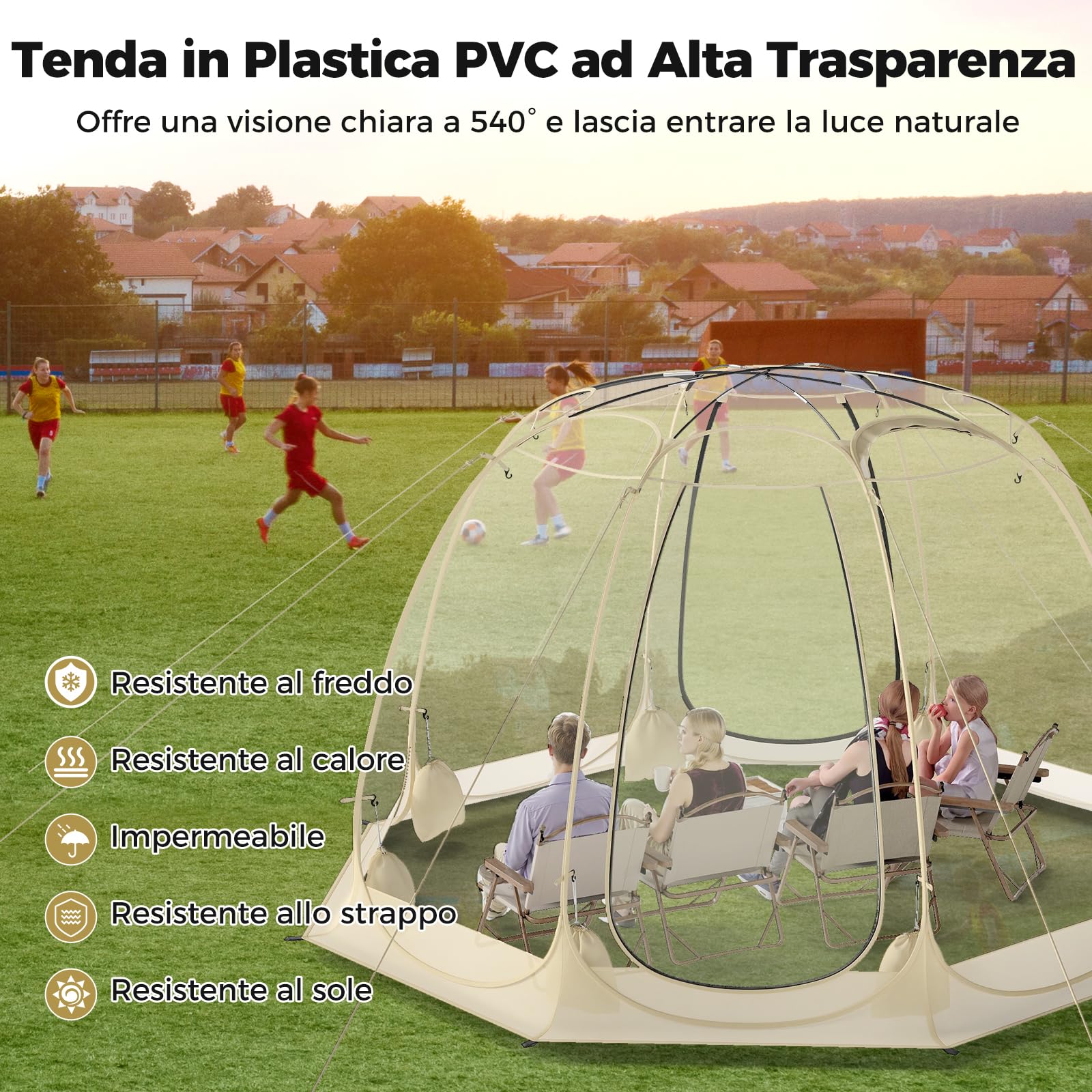 COSTWAY Tenda a Bolle Pop Up, Tenda da Campeggio Trasparente per 5-6 Persone, Antivento e Impermeabile, Igloo Portatile da Giardino in PVC, per Pesca, Spiaggia, Eventi Sportivi e Attività all’Aperto