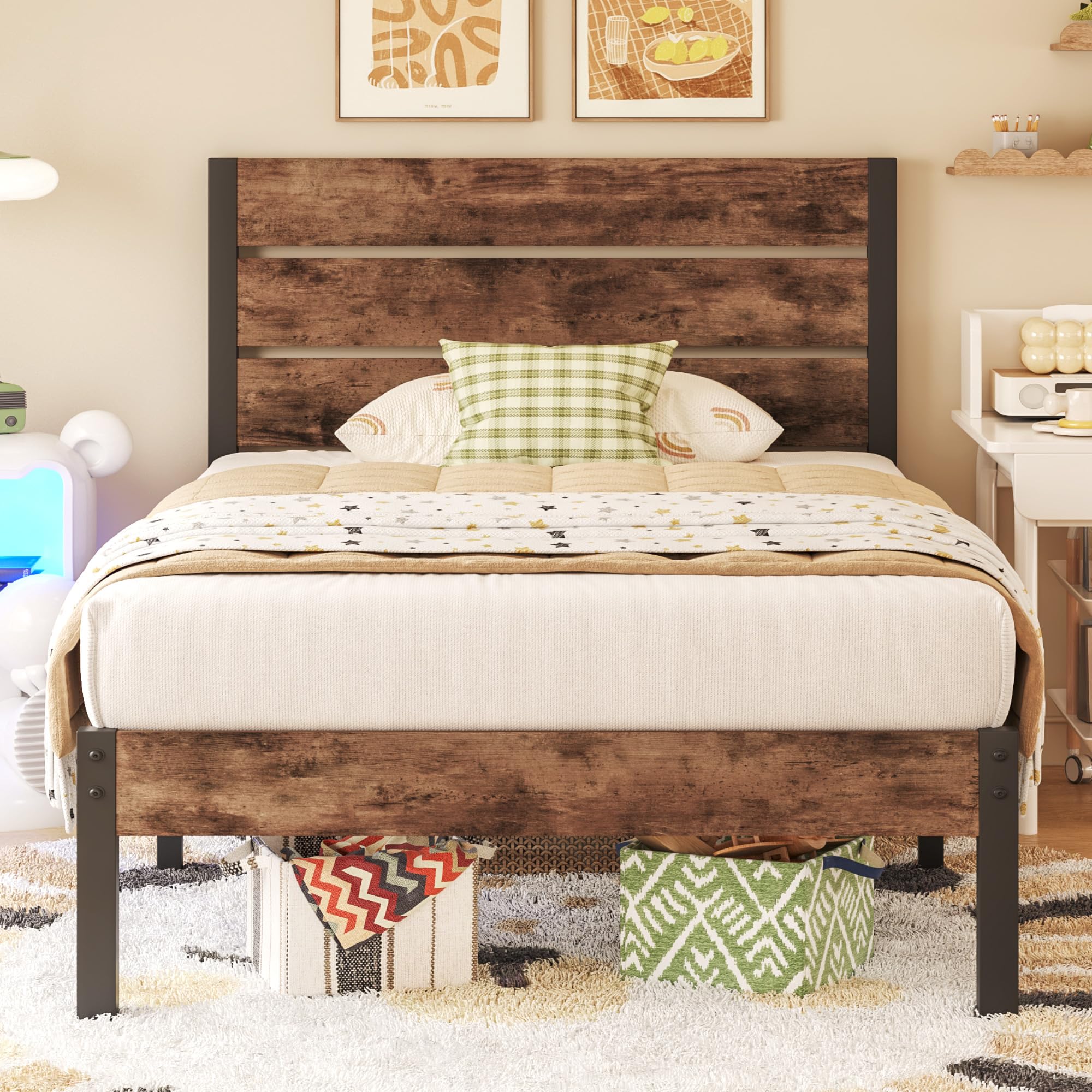 twin bed frame with headboard and footboard, metal twin bed frame with under bed storage, all-metal support system, no box spring needed, easy assembly,rustic brown(incomplete)