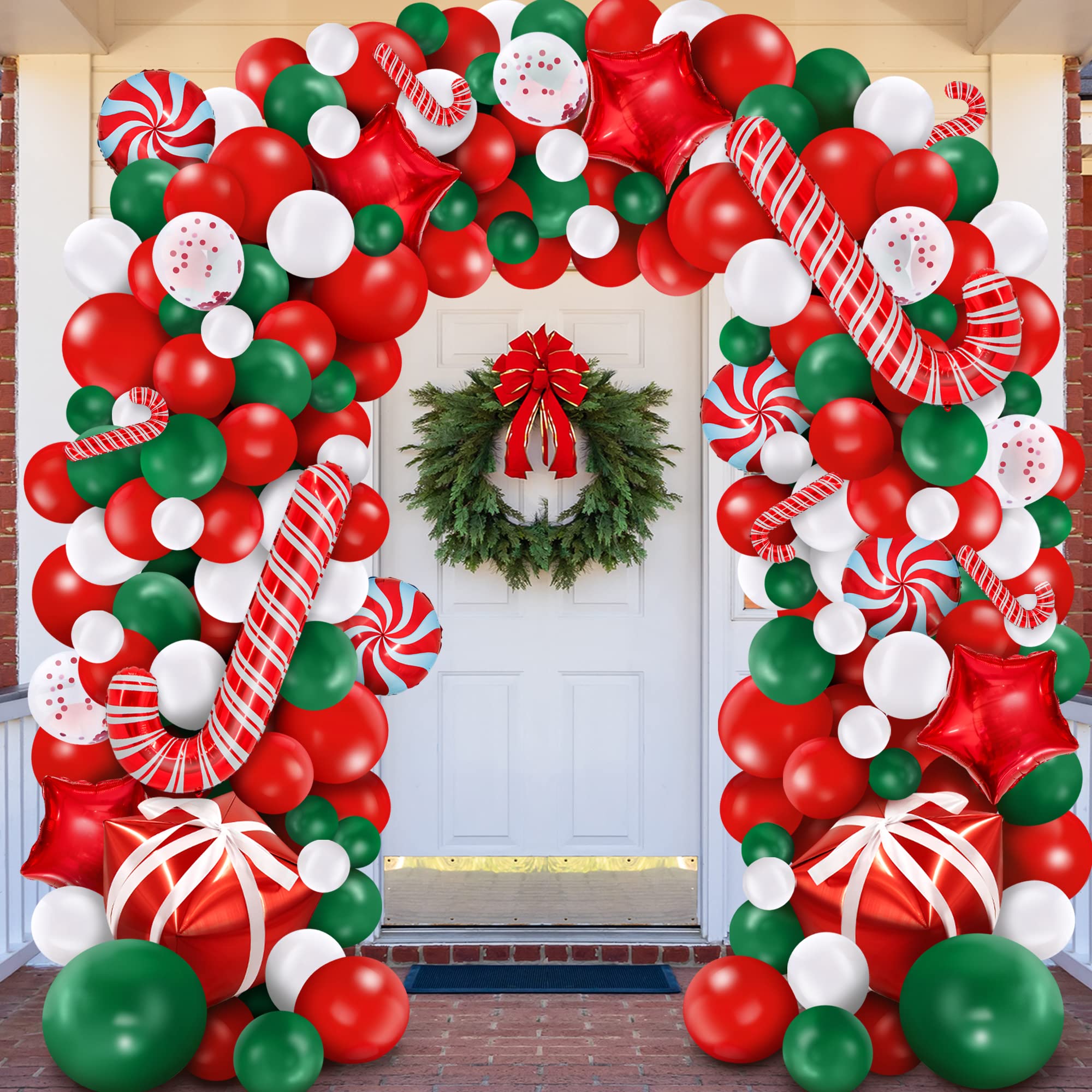 Photo 1 of 4 pack FEQO Christmas Balloon Garland Arch Kit 240 Pieces Christmas Balloons Decorations Red White Green Balloons Santa Claus Candy Gift Box Red Star Foil Balloons for Christmas New Year Indoor Outdoor Party