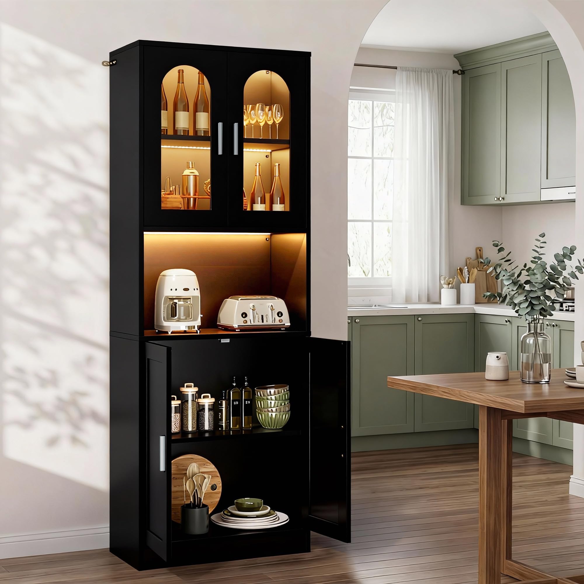 YITAHOME Hochschrank Küchenschrank, Vorratsschrank mit Glastüren and LED-Beleuchtung, Vorratsschrank, Hoher Buffetschrank Weinschrank mit Verstellbaren Einlegeböden für Küche Esszimmer Wohnzimmer