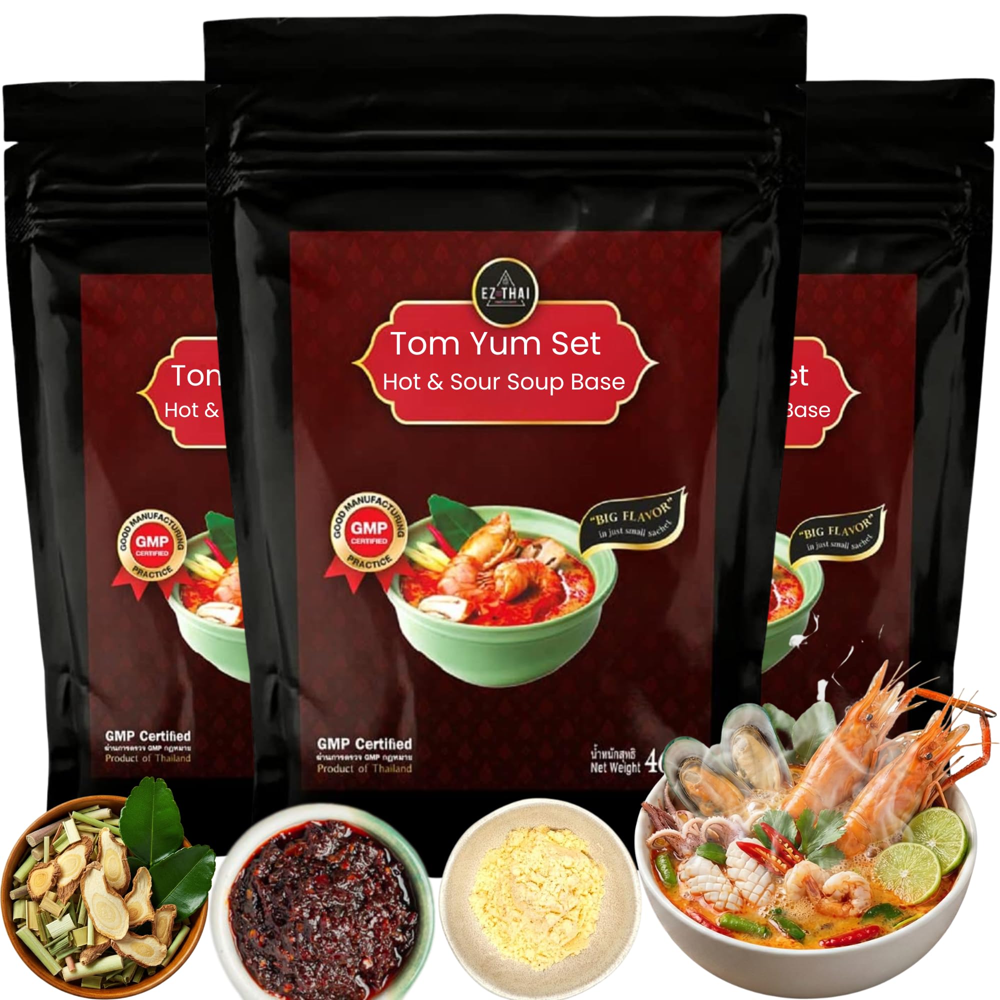 3 Packs - Thai Tom Yum Set 1.6 oz - Hot & Sour Soup Base Kit with Dried Herbs Seasoning, Chili Paste & Tom Yum Seasoning Mixing with Coconut Milk Powder - Easy Thai Cooking, Authenthic Thai Flavor