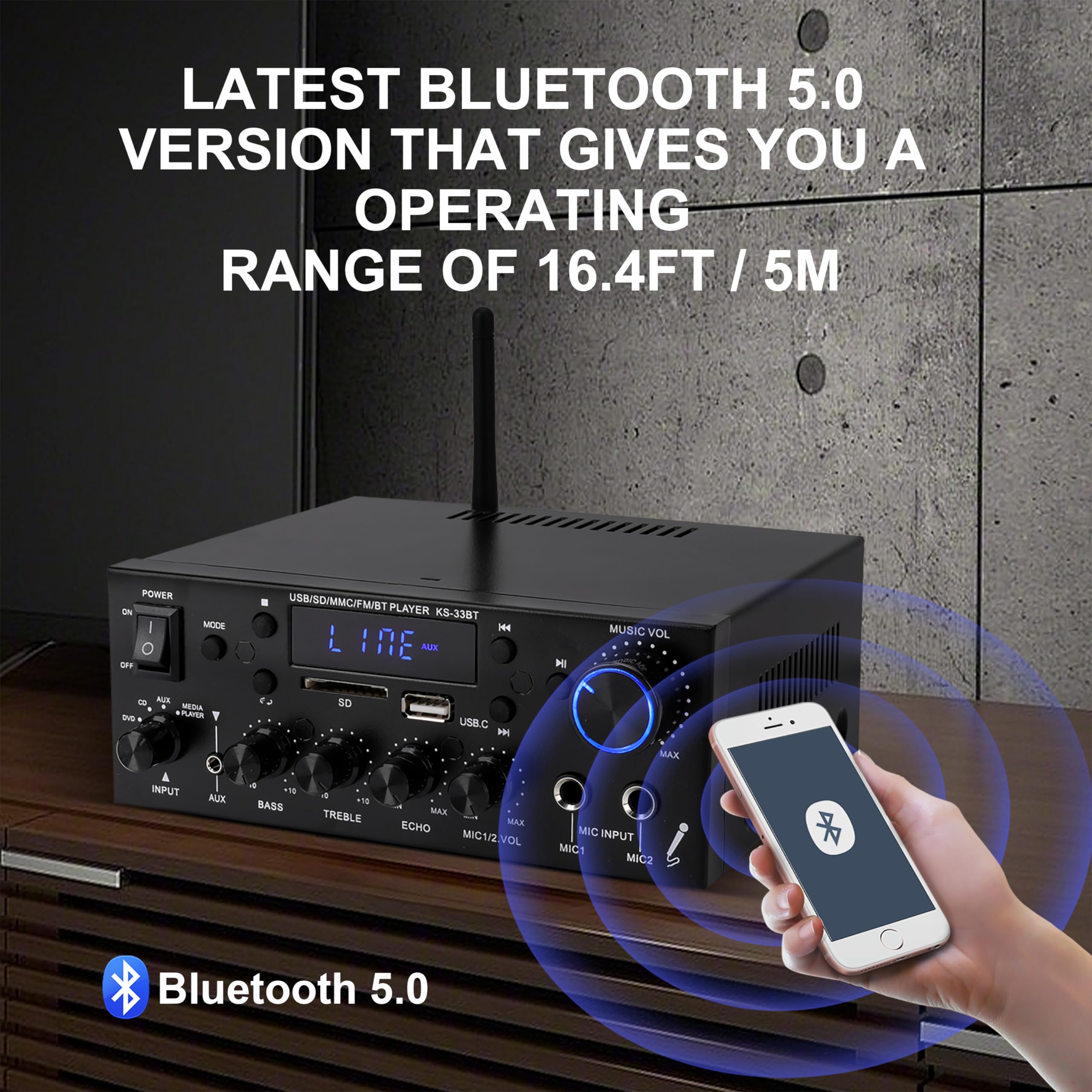 Mini Bluetooth Amplificador Audio, 500W+500W HiFi de 2.0 Canales Audio Stereo Music Reproductor, SD Card/USB Input/FM Radio, para PC, TV, Amplificador Coche, casa Altavoz, subwoofer BT 12v 220V