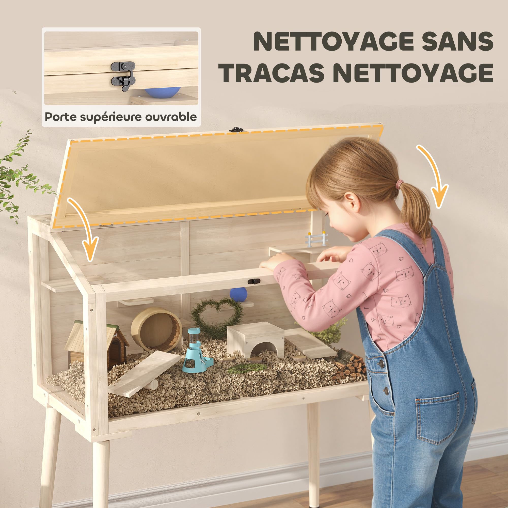 PawHut Cage Hamster en Bois Toit Ouvrable 110x52x101cm Effet Bois Naturel | Habitat pour Rongeur et Souris, 7 Plateformes, 2 Balançoires, Bouteille d'Eau, Cage à Gerbilles