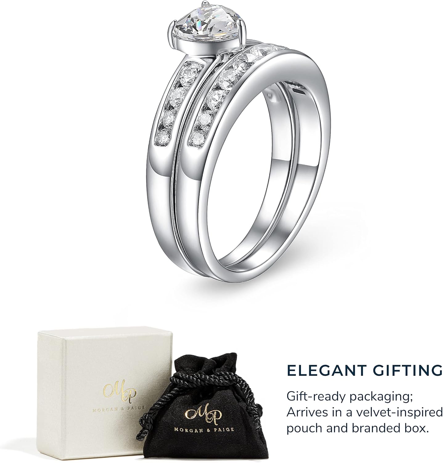 MORGAN & PAIGE .925 Sterling Silver Platinum Plated Heart Shaped Cubic Zirconia Wedding Band and Engagement Ring Set For Women - Hypoallergenic Sterling Silver Bridal Ring Set, Sizes 6-8