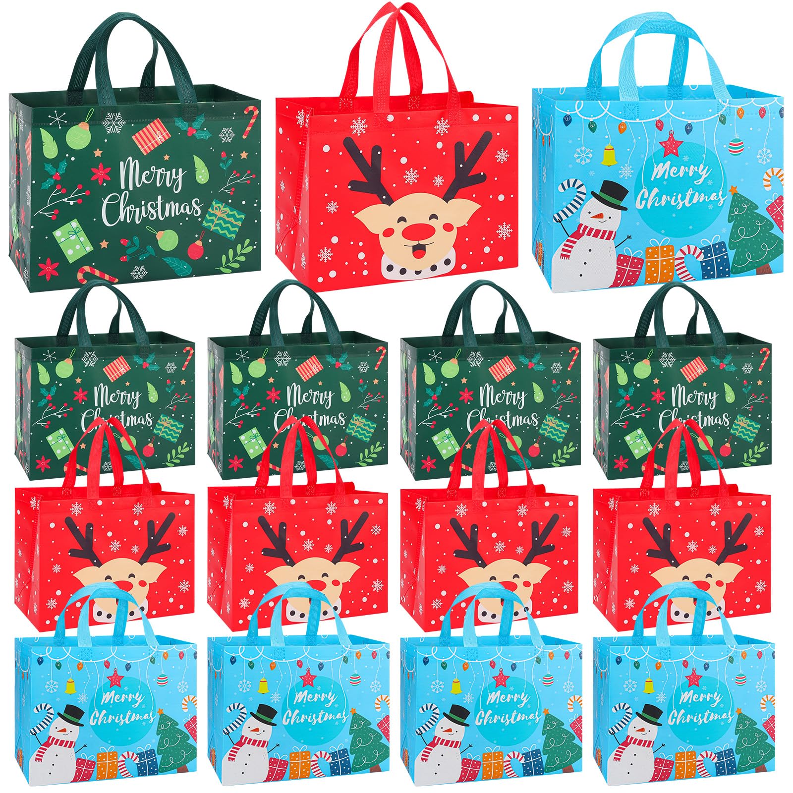 YALTOON 15 Pack Large Christmas Gift Bags Bulk, Heavy Duty Reusable Tote Bags with Handles, Non-Woven Christmas Bags for Gifts, Holiday Shopping, Xmas