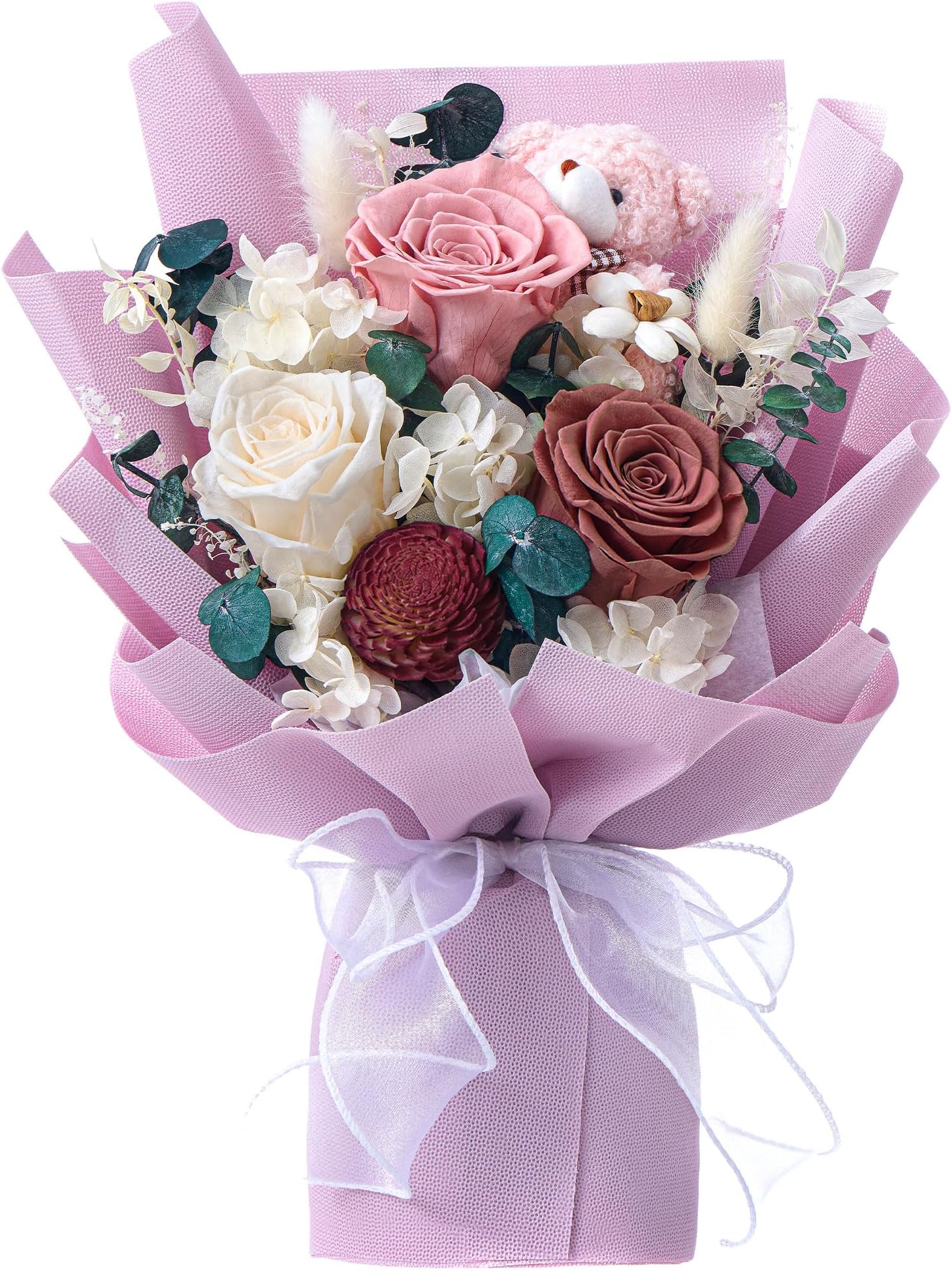 Polylove Forever Flower Bouquet Flowers for Delivery Prime Preserved Roses with Bear Gift Box for Wife Women Mother Day Anniversary Birthday (Purple)