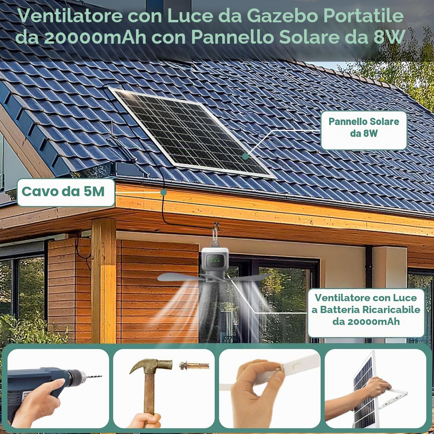 Ventilatore da soffitto a energia solare con illuminazione, ventilatore a LED con lampada da soffitto, dimmerabile, luce ventilatore con telecomando, gancio di sospensione, lampada da soffitto