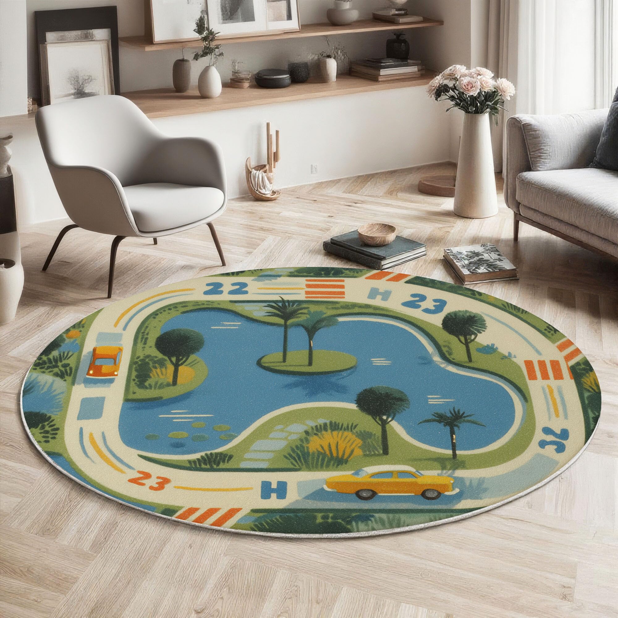 Tapis lavable en machine style circuit auto bleu 100cm anti-slip