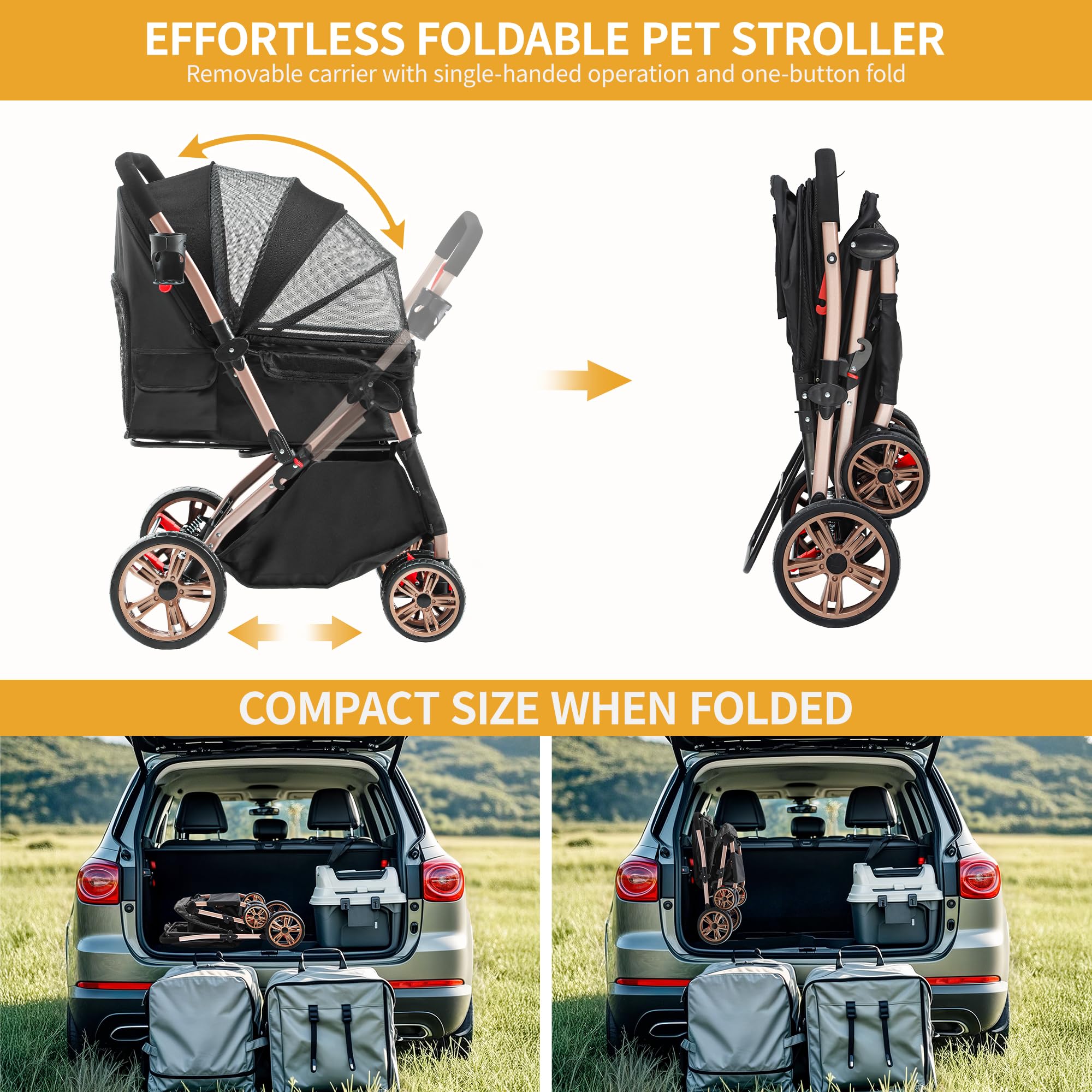 DWVO Poussette 3 en 1 pour Chien et Chat - Pliable jusqu'à 22 kg - Roues EVA Résistantes à l'Usure à 360° - Panier de Rangement - Fenêtre en Filet - 58,5 x 76 x 105 cm