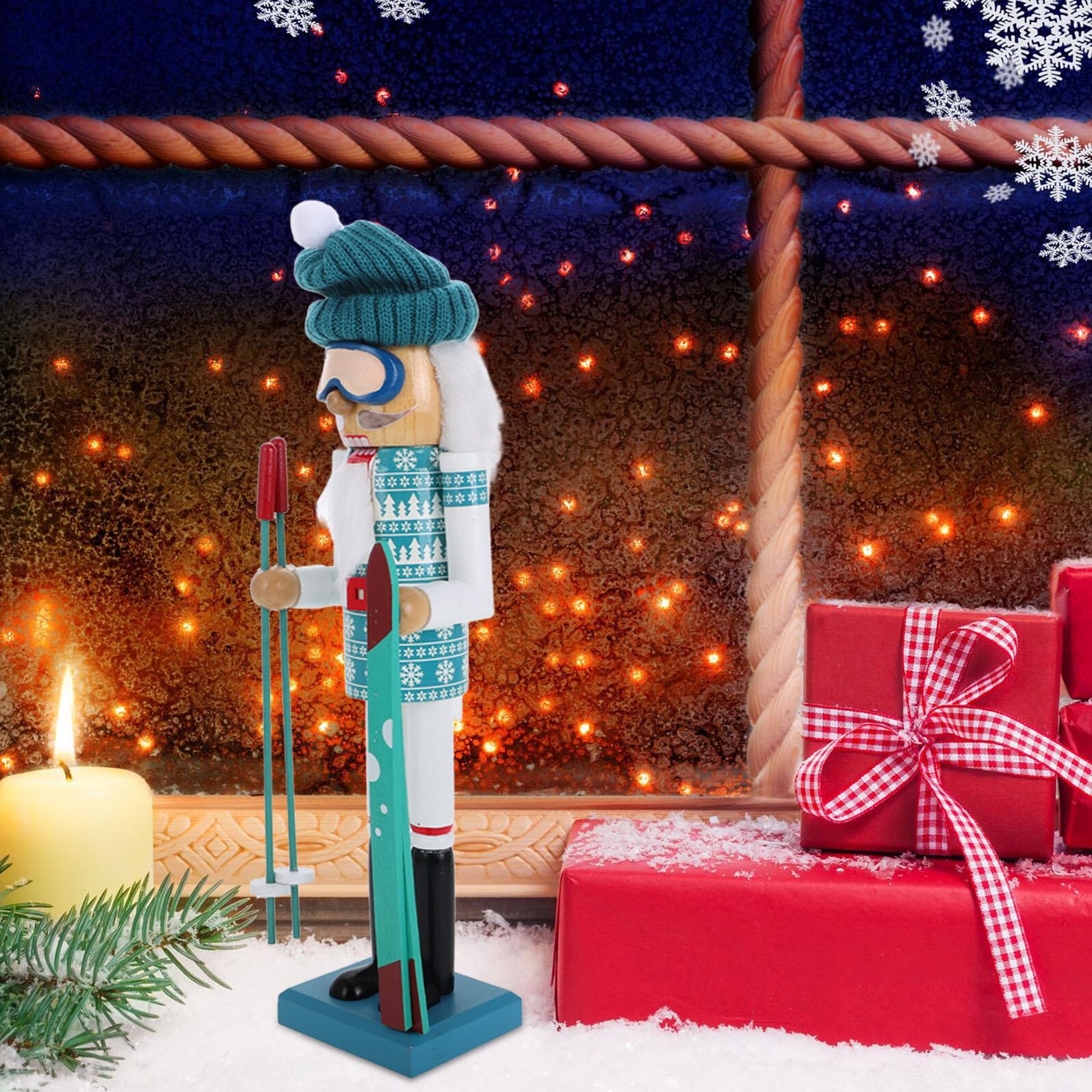NUOBESTY Traditionelle Holzpuppe Weihnachtsmann Skifahrer 38cm und Stoff Stabile Weihnachtsdekoration für Wohnzimmer und Garten