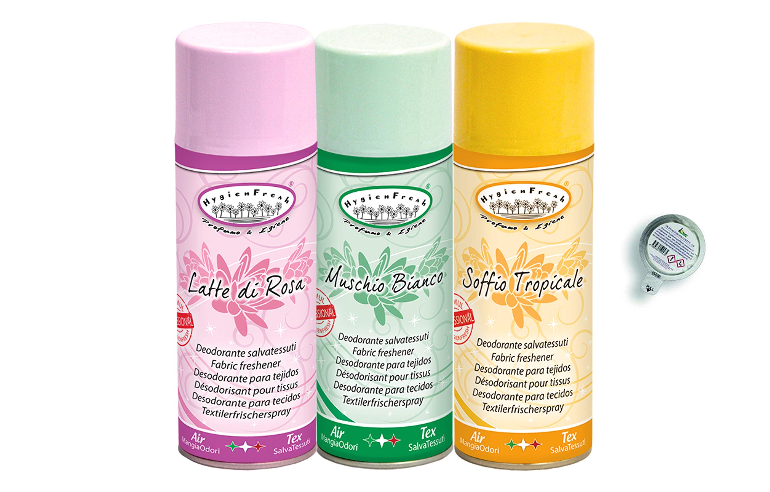 HygienFresh Deodorante Spray Tessuti Rinfresca Capi Ambienti Profumo Bucato Salvatessuti Muschio Bianco Latte di Rosa Soffio Tropicale 3x400Ml