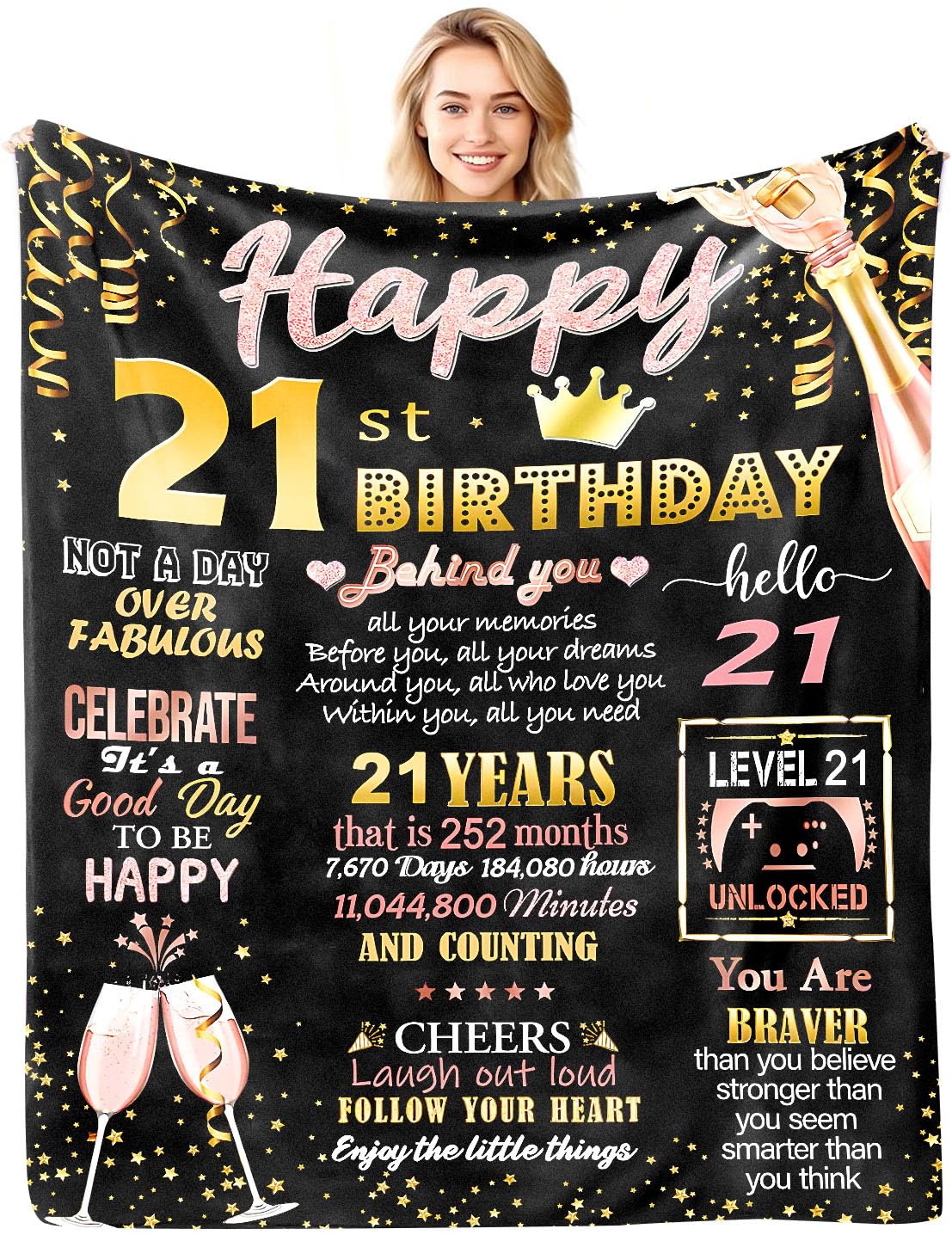 ACAATVE 21st Birthday Blanket Gift for Her 150 x 130 cm Black Pink
