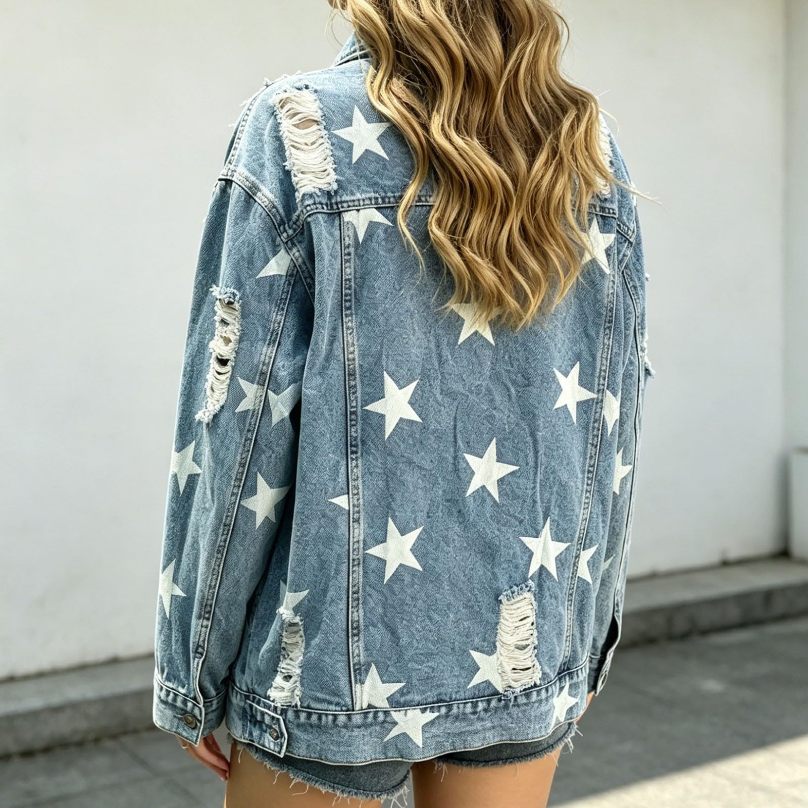 Chaqueta vaquera para mujer con estampado de estrellas y grietas, chaqueta vaquera Y2k Aesthetic | Chaqueta vaquera para mujer, estilo informal, larga, con bolsillo