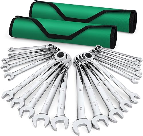 SK Juego de llaves de trinquete, juego de llaves combinadas, 20 piezas, SAE 14 pulgadas a 34 pulgadas, métricas de 6 a 0.709 in, 72 dientes,