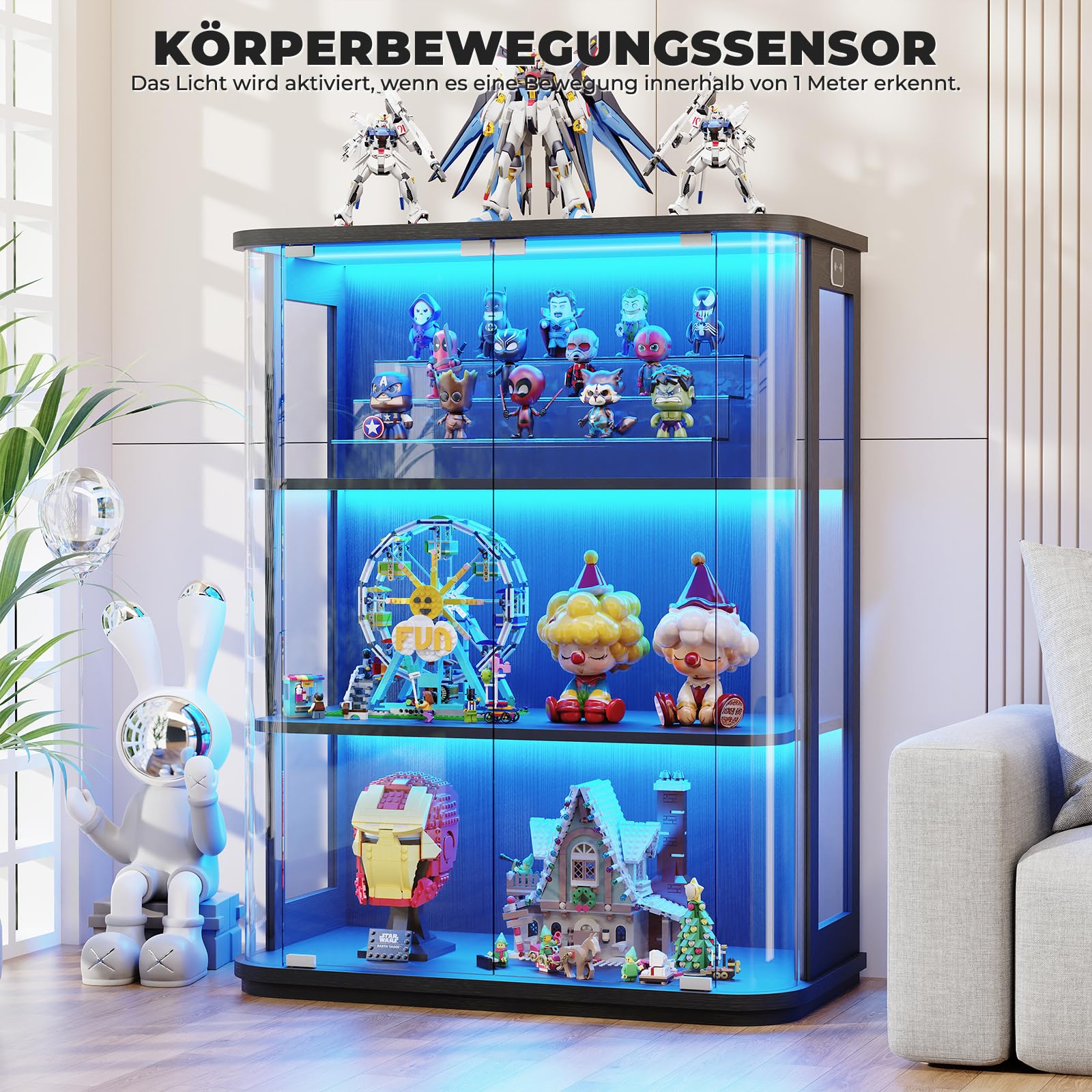 BROTTAR 3-stöckige runde Vitrine mit Glastür, 3-farbige Beleuchtung, Bewegungssensor, durchgehend transparenter Schrank für Sammlerstücke, Spielzeug & Bücher (Schwarz)