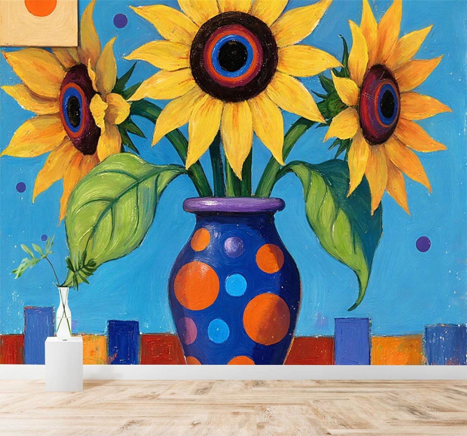 Xlming 350Cm×256Cm(B×H) Blue Vase Yellow Sunflowers Abstract Colourful Geometric 3D Wallpaper Silky Texture Home Study Office Grey Dining Room Sofa Bedroom Living Room Tv Backdrop-350Cm×256Cm