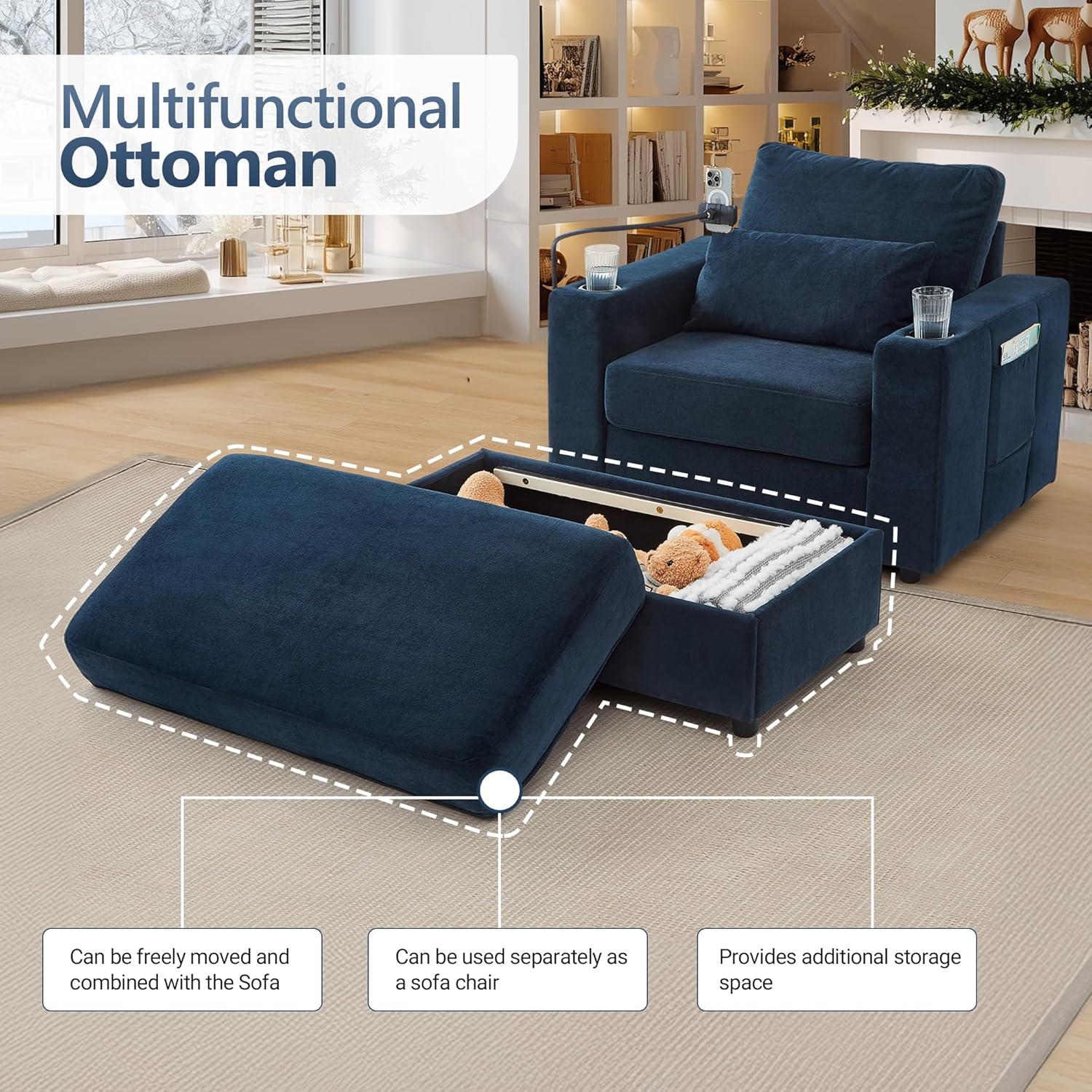 42.5" Chaise Lounge Chair Indoor with Movable Storage Ottoman, Dual USB Ports & Cup Holders, Phone Holder and Side Pockets, Chenille Fabric Sofa for Living Room, Blue
