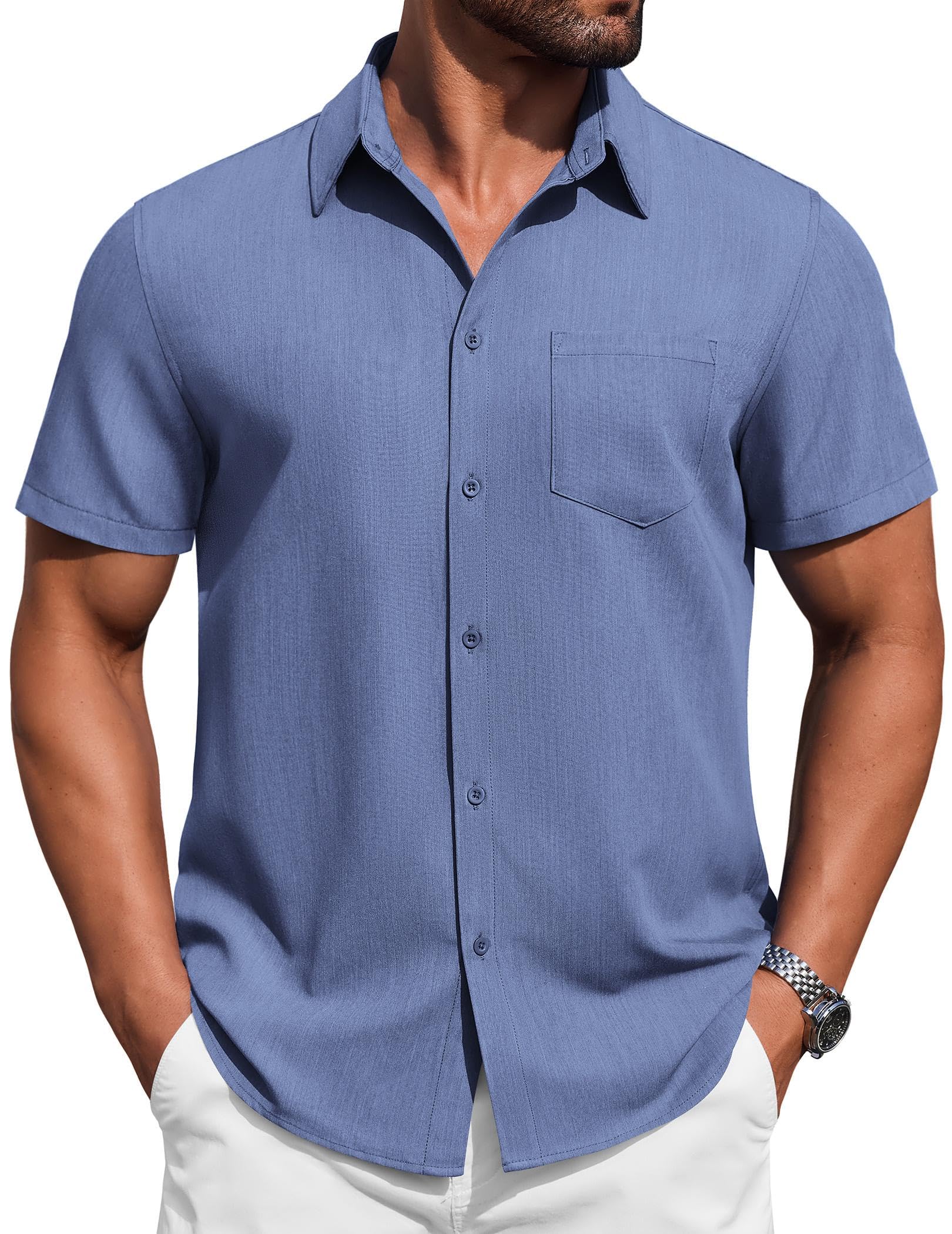 COOFANDY Mens Button Down Short Sleeve Shirt Casual Summer Stretch Denim Dress Shirts with Pocket
