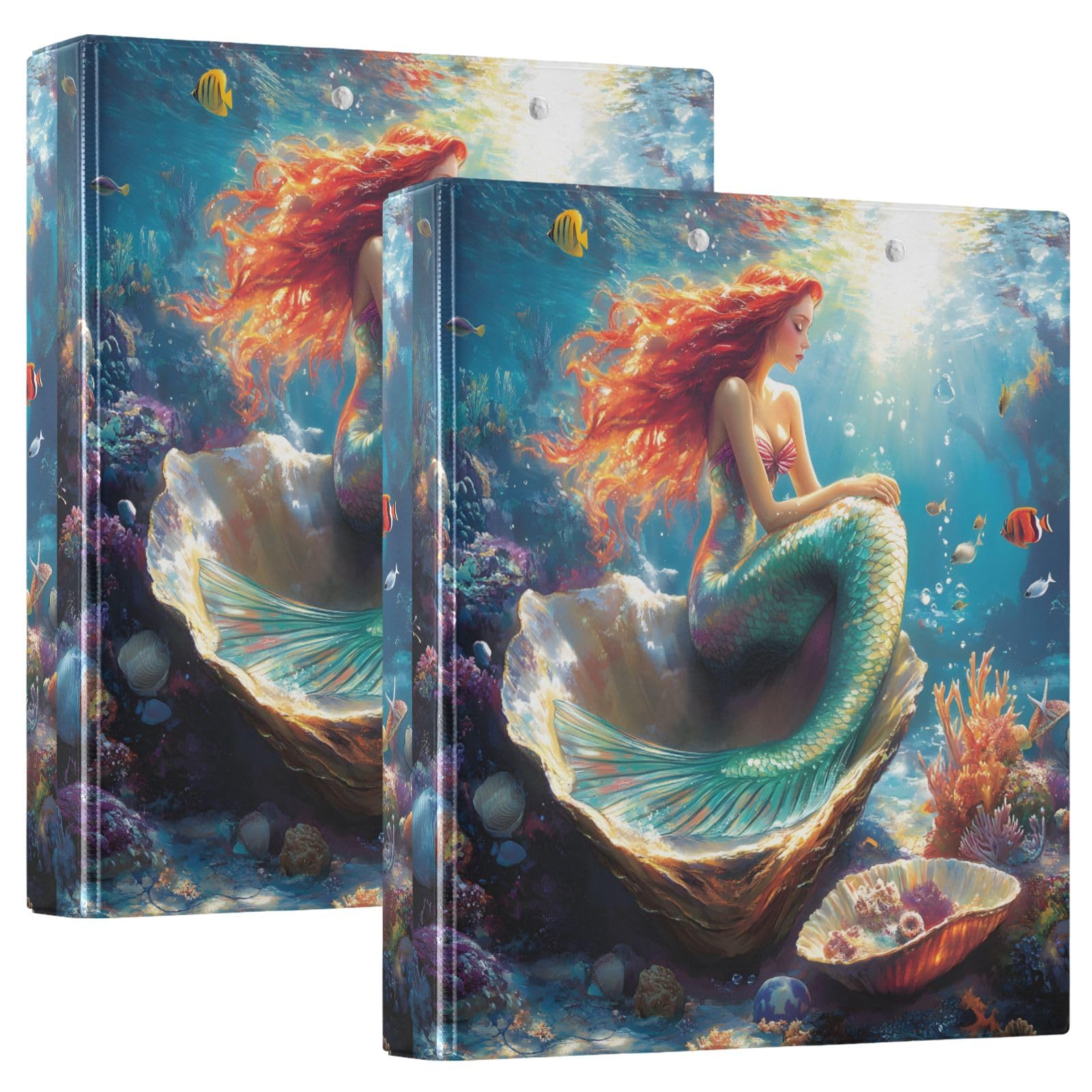 Raccoglitore a 3 anelli, con bellissimi raccoglitori a forma di sirena, corallo, pesce, conchiglie, 3,8 cm, contiene 200 fogli, con tasche interne trasparenti, per ufficio, scuola, lavoro, confezione