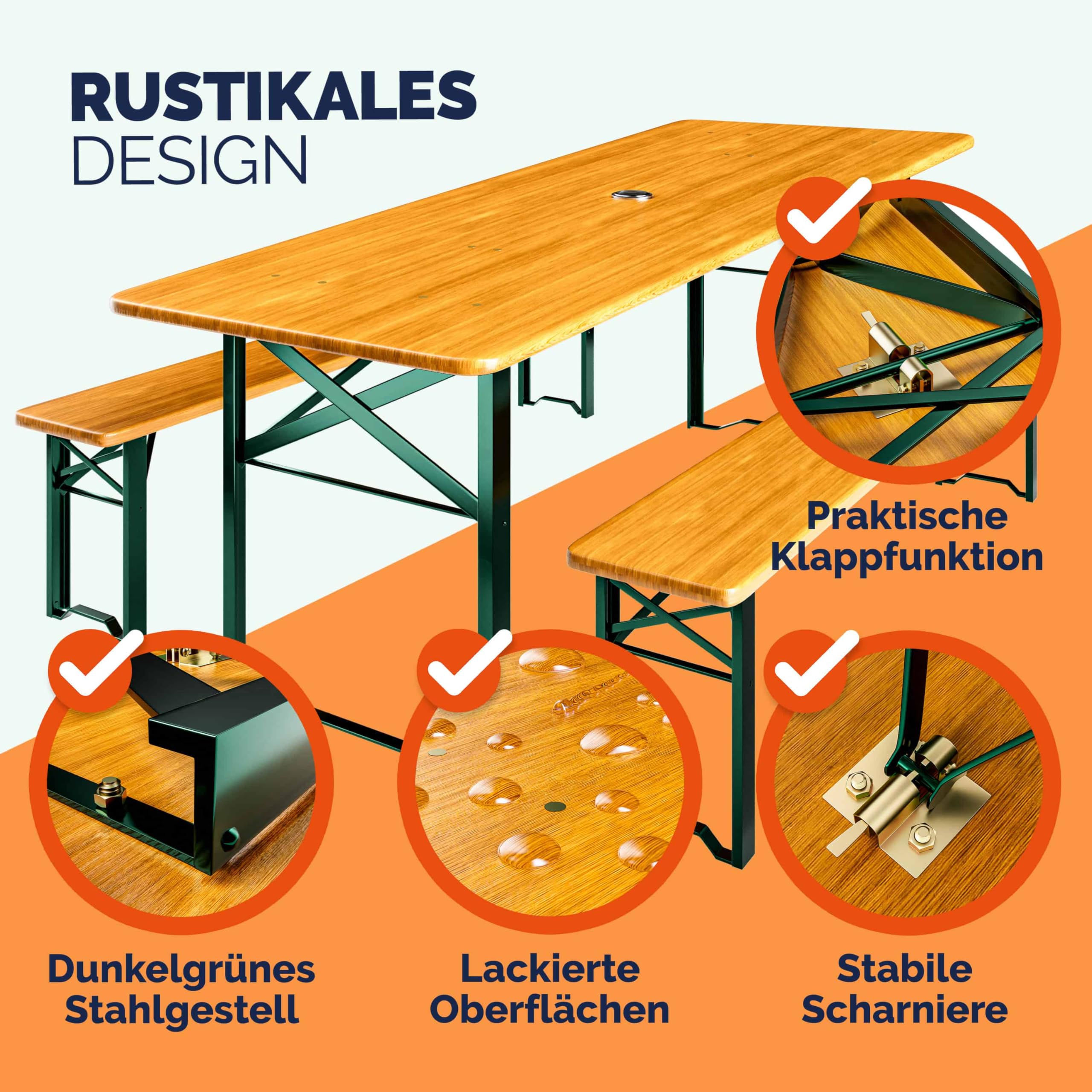 Casaria® Bierzeltgarnitur 170cm Klappbar Stabil 3 Teilig 2X Bierbank 1x Breiter Tisch Holz Biertischgarnitur Festzeltgarnitur Biergarten Biergarnitur