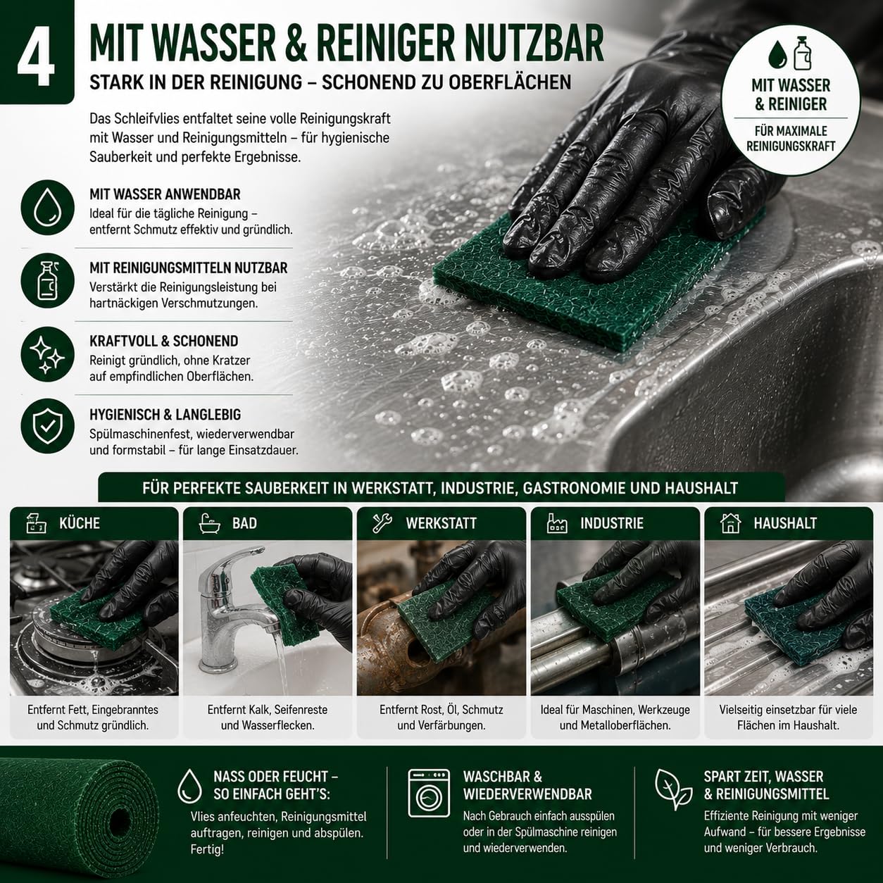 Schleifvlies Rolle Grün dünn 17 cm x 10 m – 750 g/m² Reinigungsvlies für Edelstahl, Metall, Holz & Lack – Waschbares Profi Schleifpad zum Mattieren, Reinigen & Finish