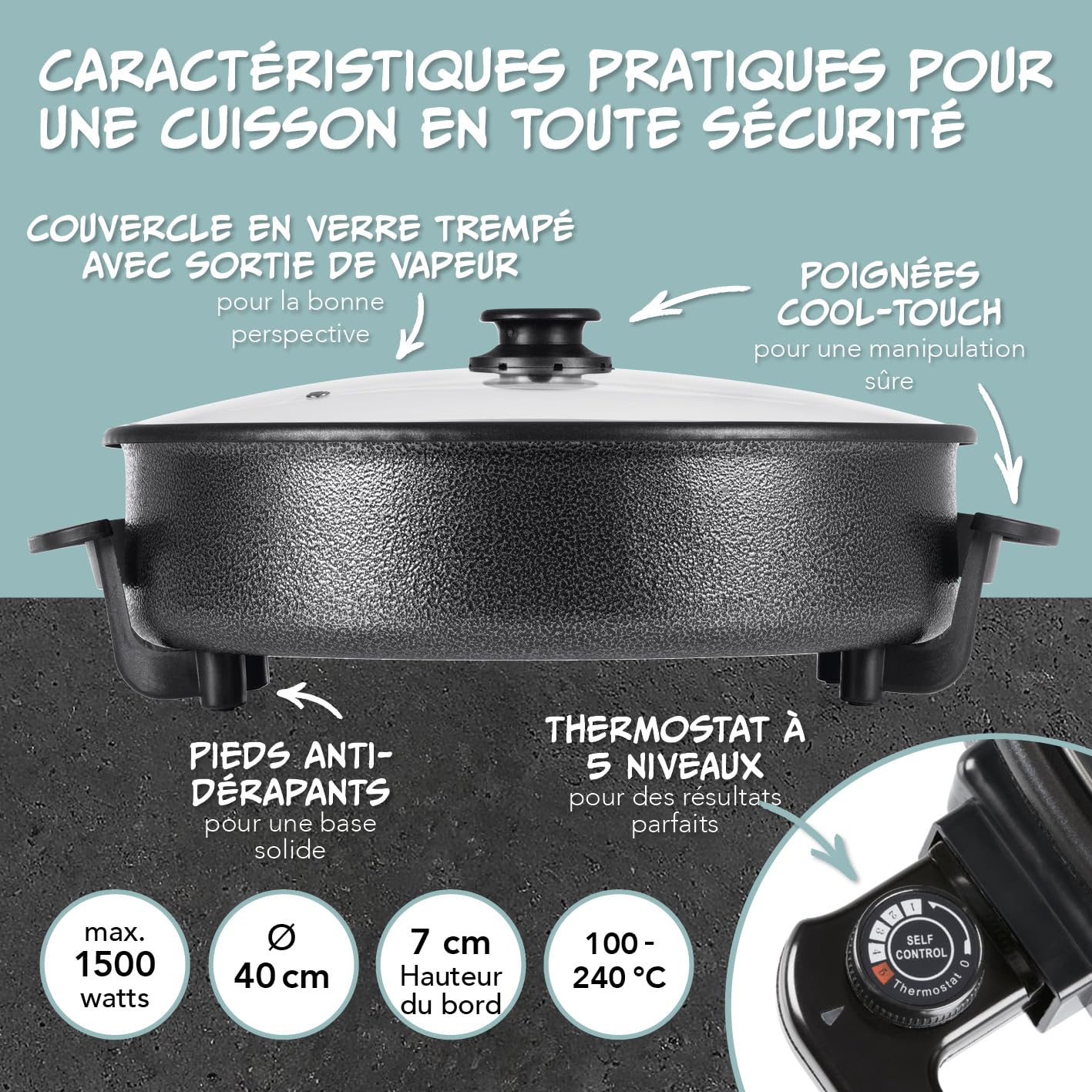 GOURMETmaxx Poêle électrique ⌀ 40cm | Hot Pot thermostatique, couvercle en verre & volume XXL avec revêtement antiadhésif - parfait pour paella, braisage & wok | 1500W