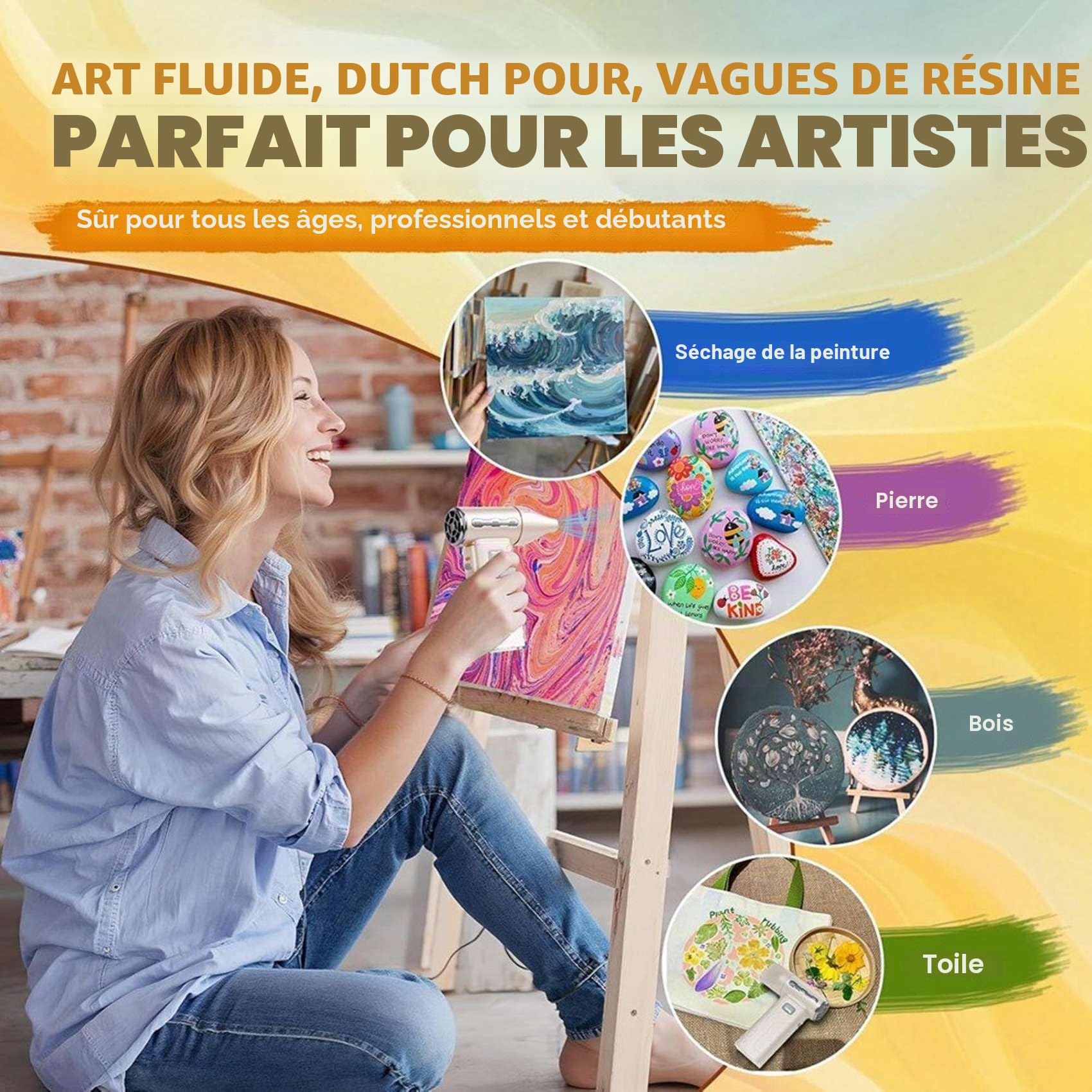 Mini souffleur verseur sans pour peinture artistique fluide avec 3 buses, 5 vitesses de réglage de la vitesse, mini souffleur verseur en acrylique pour art fluide, peinture acrylique