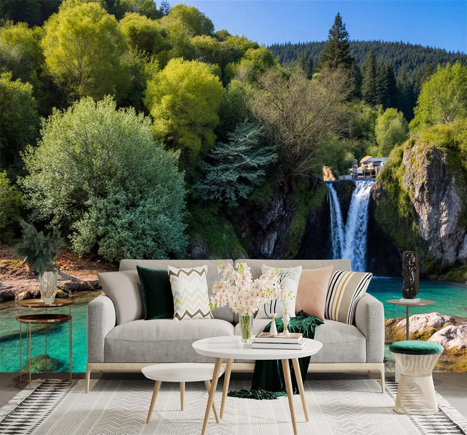 XLMING Waterfall Lush Forest Mountain Peaks Blue River 3D Wallpaper Premium Textured Silk Study Dining Living Room Bedroom Sofa TV Wall Easy Install-250cm×170cm