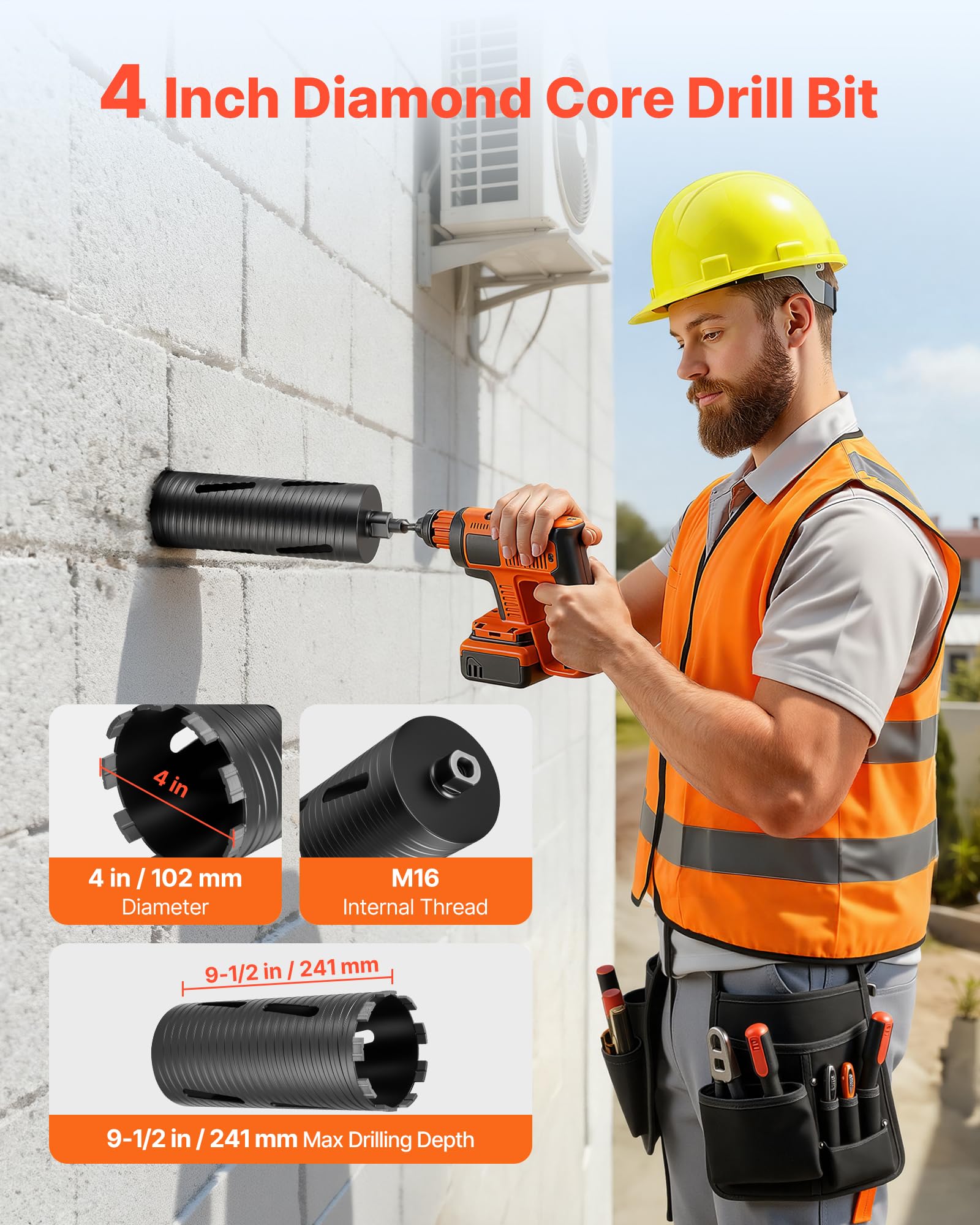 VEVOR Broca de Corona para Perforación en Seco, 102 mm Diámetro, 241 mm Profundidad, Rosca Interna M16, con 3 Adaptadores, Broca Piloto, Llave Hexagonal a Hormigón Armado, Ladrillo y Mampostería