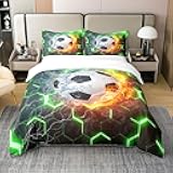 Erosebridal Kids Soccer 100% Cotton Duvet Cover Twin Size,Football Bedding Set for Boys Room Decor,Green Gradient Hexagon Comforter Cover Soccer Gifts for Teen Girls,Geometric Honeycomb Bed Set