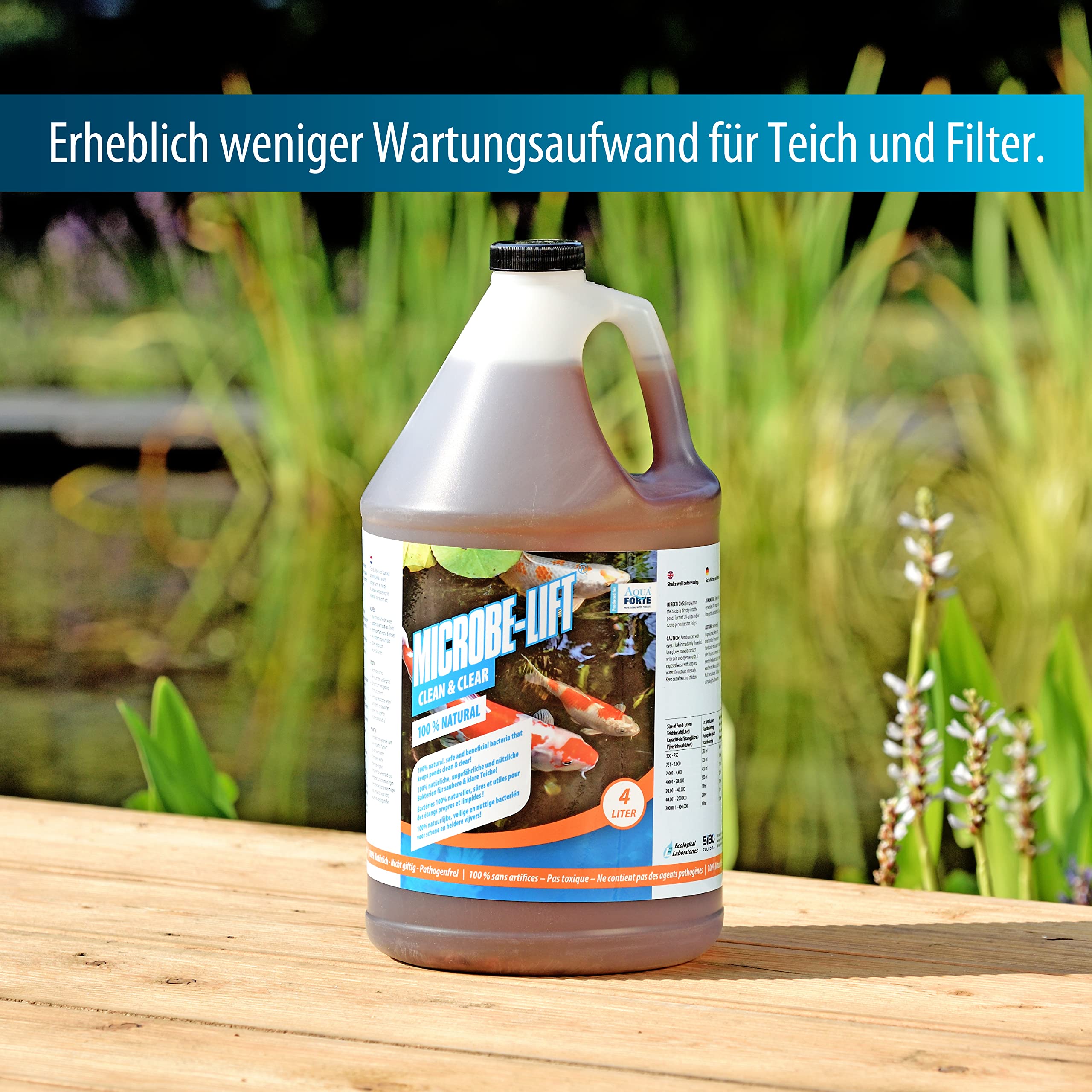 Aquaforte microbe-Lift Clean And Clear 4 L, Bassin Clair et Propre Grâce à La Lumière Du Soleil, Contre La Pollution Organique Dans Votre Bassin, 100% Naturel et Sûr pour les Poissons et les Plantes