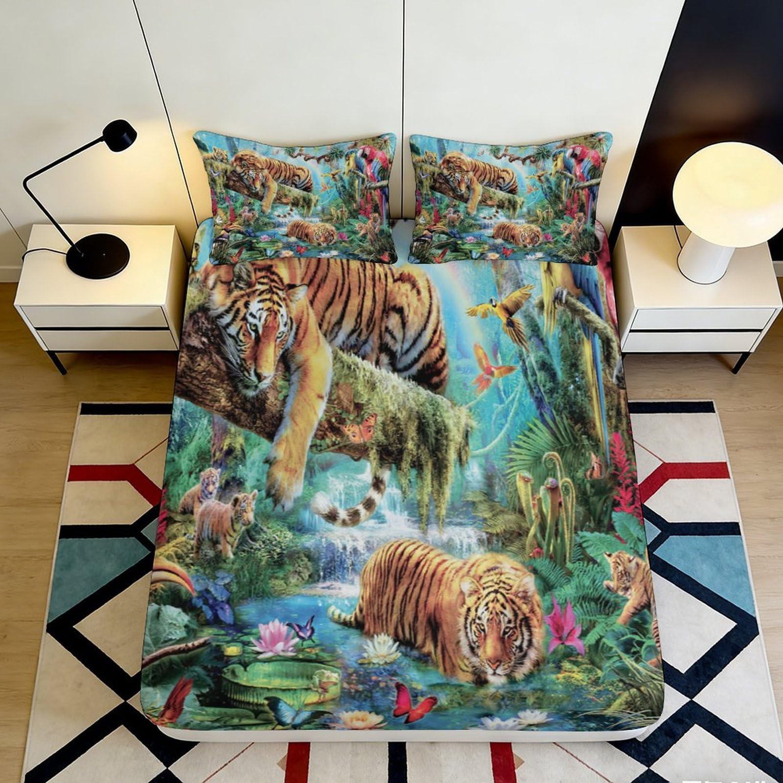 3D Printed Tropical Jungle Tiger Fitted Sheet Microfiber Soft Breathable Exotic Wildlife Bed Cover for Bedroom Dormitory Guest Room Mattress Protection 140x200x25cm
