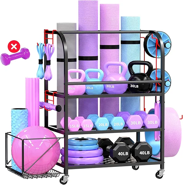 Home Gym Organizer - Yoga Mat Storage Rack, 400LBS Metal Gym Equipment Storage Cart with Large Basket & Movable Hooks, Dumbbell Rack & Weight Storage Racks for Workout Gear (Black)