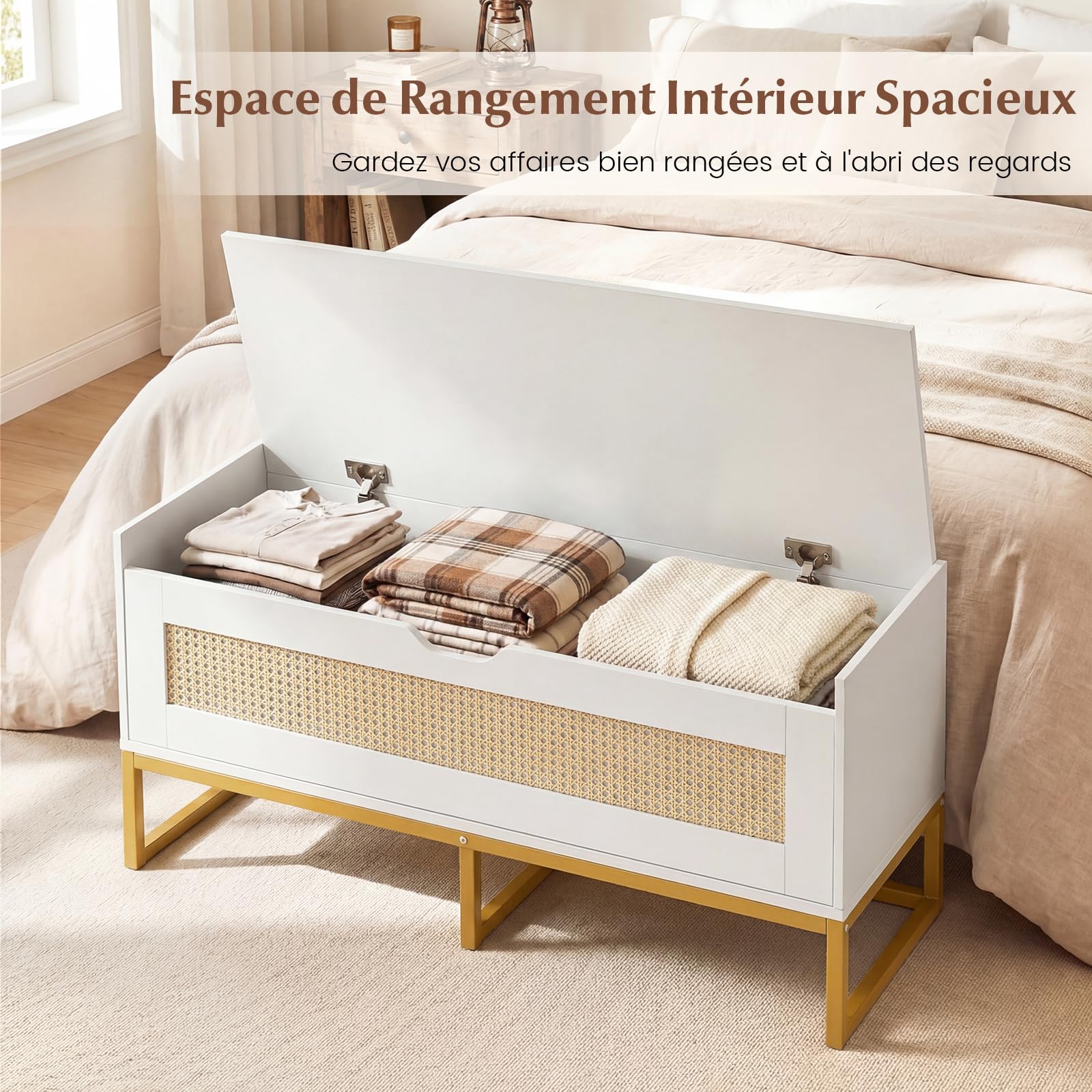 COSTWAY Banc de Rangement en Rotin 100 cm, Banc Chaussures Entrée, Coussin Rembourrée, Couvercle Abattant, Banquette Coffre pour Entrée Salon Chambre, Charge 200 kg, 100 x 35 x 44 cm (Blanc)