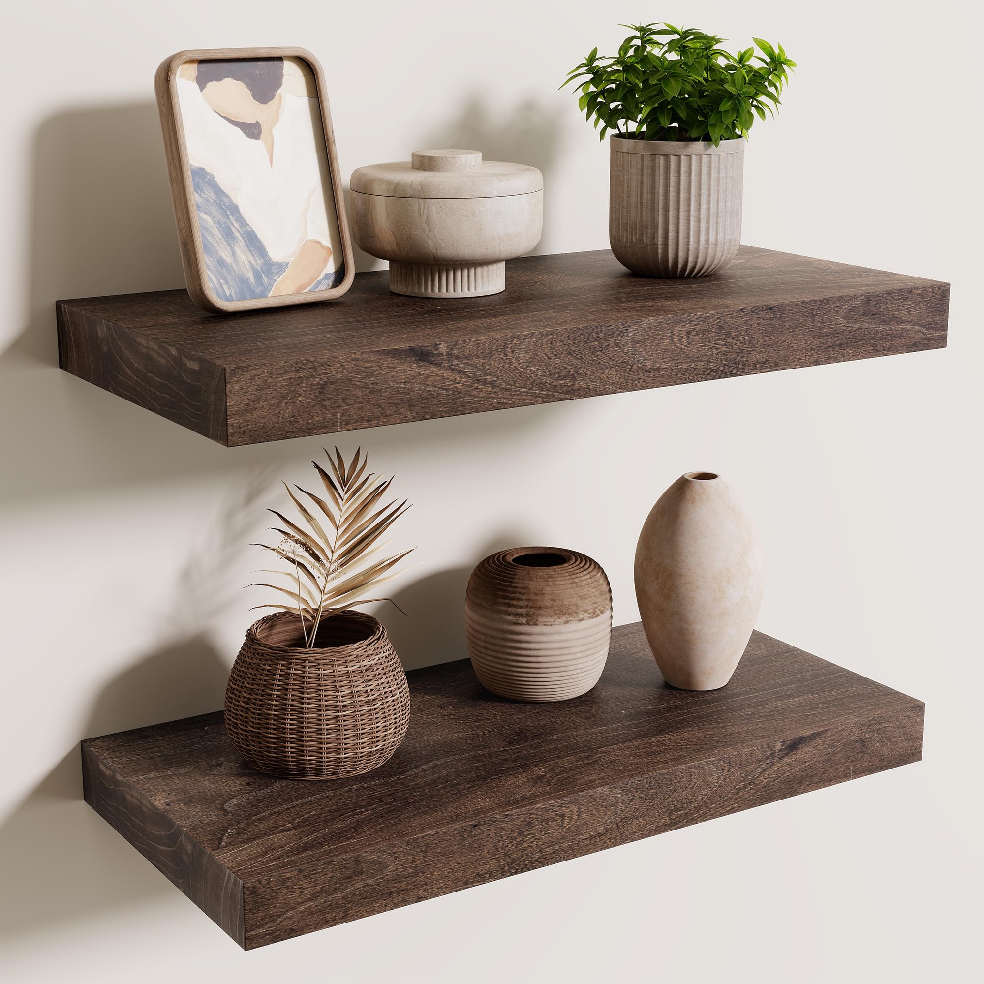 Axeman Floating Shelves for Wall, 40cm Rustic Solid Elm Wood Shelves for Storage, Wall Mounted Display Shelving with Invisible Heavy-Duty Metal Bracket, 40x20x3.5cm (Walnut, 2PCs)