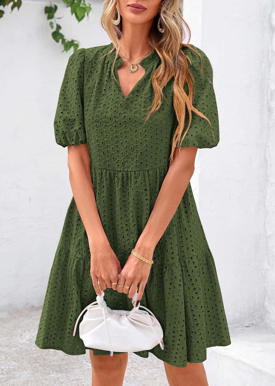 KIRUNDO Eyelet Summer Dresses for Women 2026 Mini Casual Hollow Out Short Sleeve Lace Tiered V Neck Shift Dress Pockets - Image 3