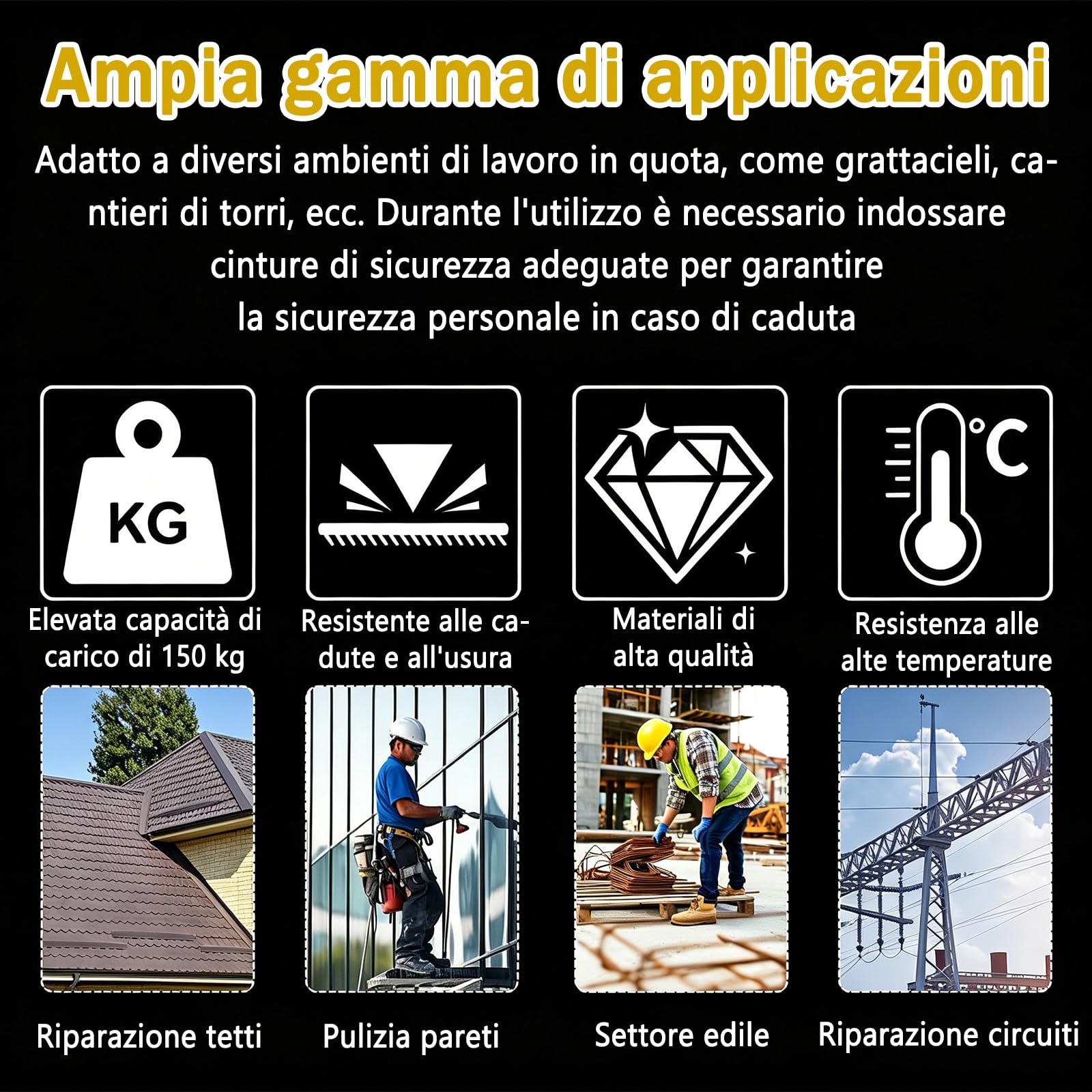 Dispositivo Anticaduta Retrattile Certificato, 10m Imbracatura di Sicurezza Anticaduta con Gancio Autobloccante, Professionale Dispositivo Retrattile di Sicurezza Anticaduta (Giallo)